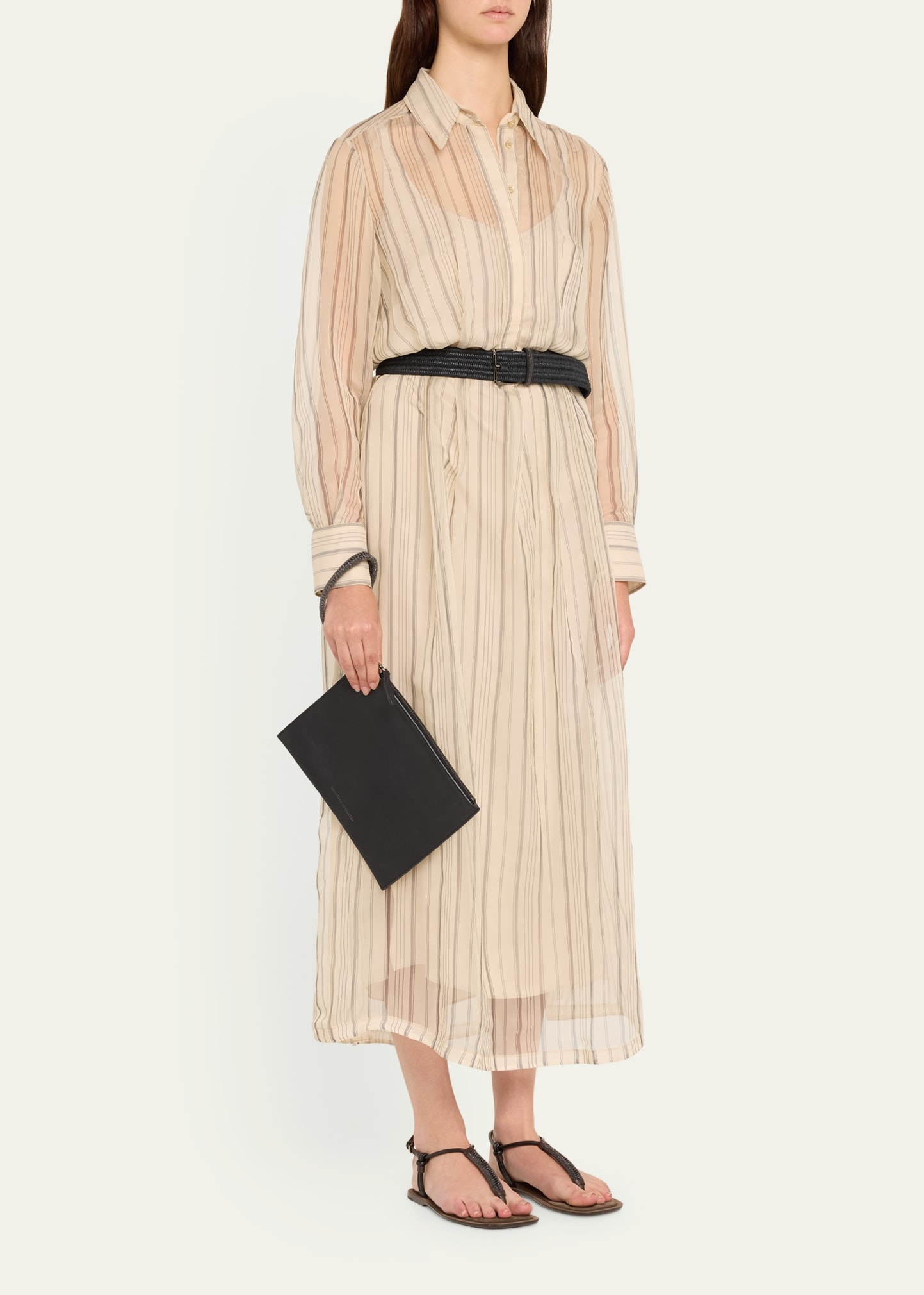 Striped Chiffon Maxi Shirtdress With Monili-Trim Raffia Belt - 4