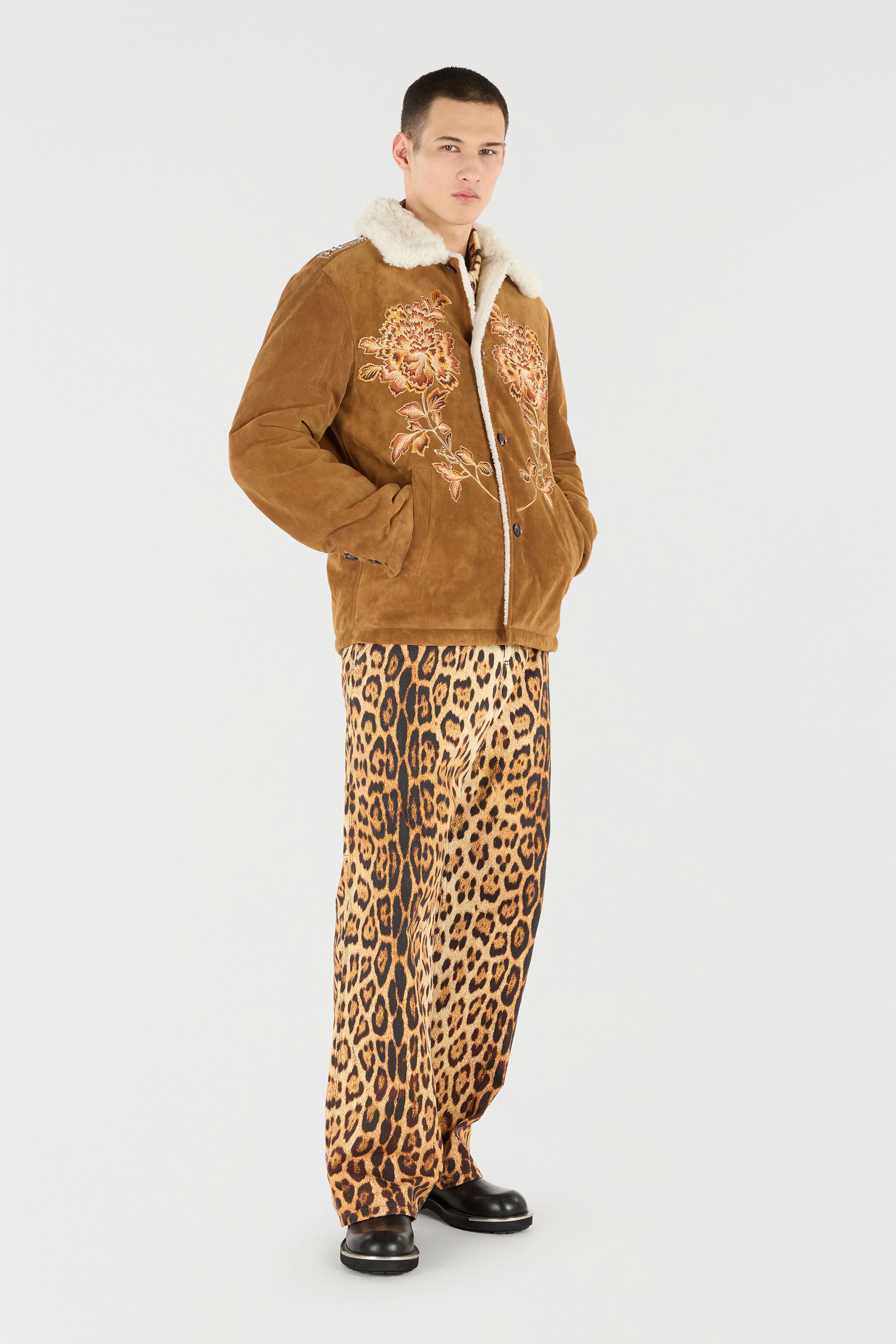 Suede Leather Jacket with Flowers and Tigers - 3