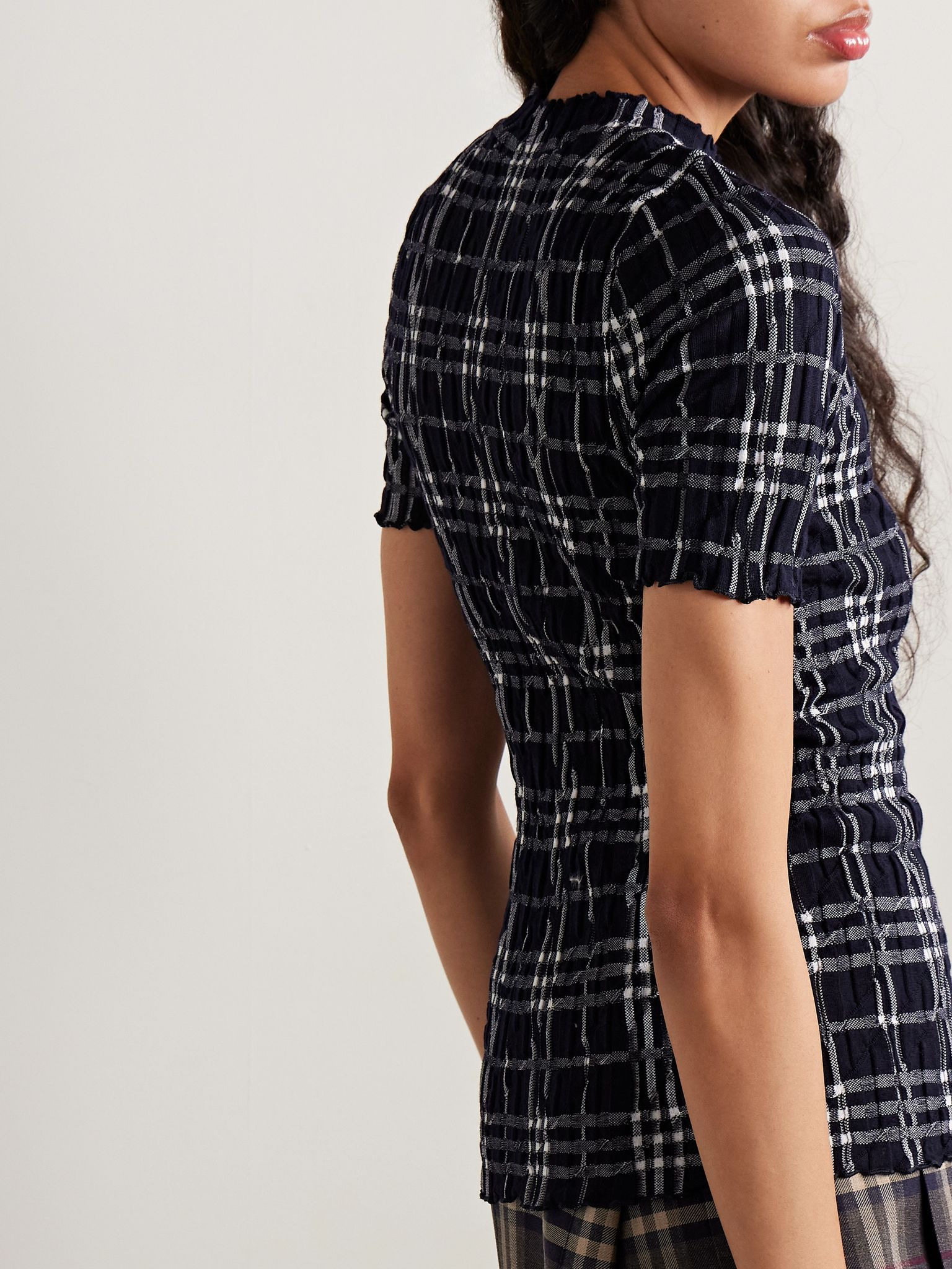 Ribbed checked wool-blend T-shirt Navy - 4