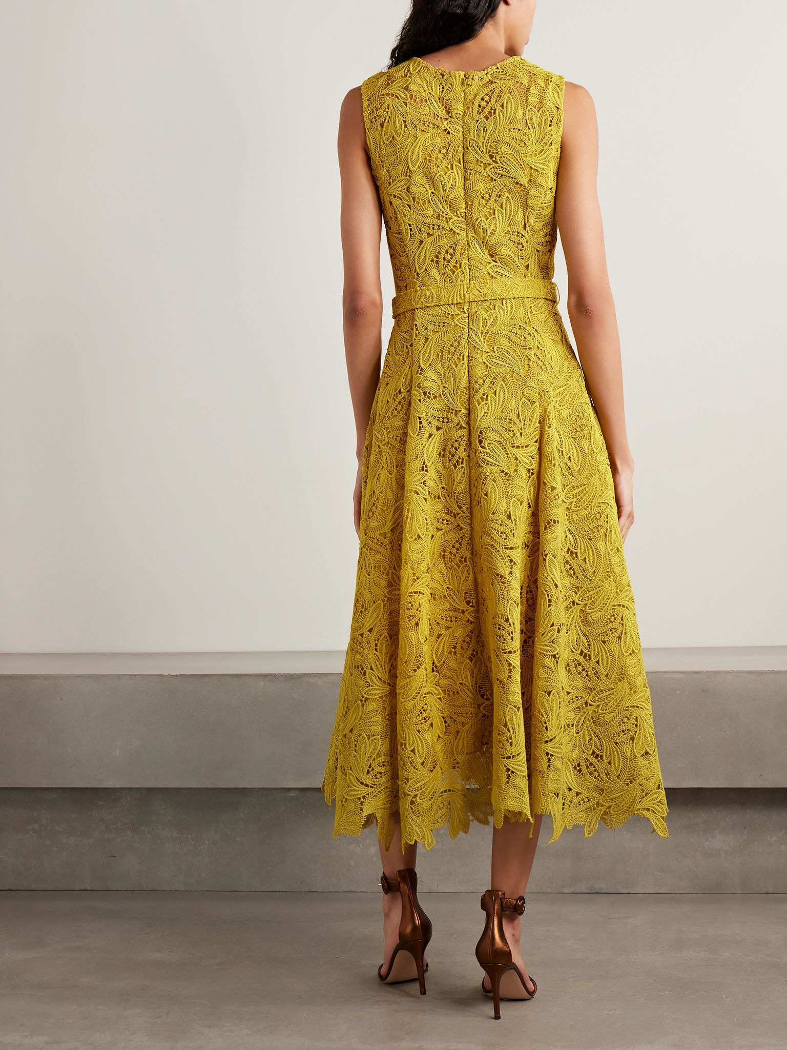 Belted guipure lace midi dress Yellow - 3