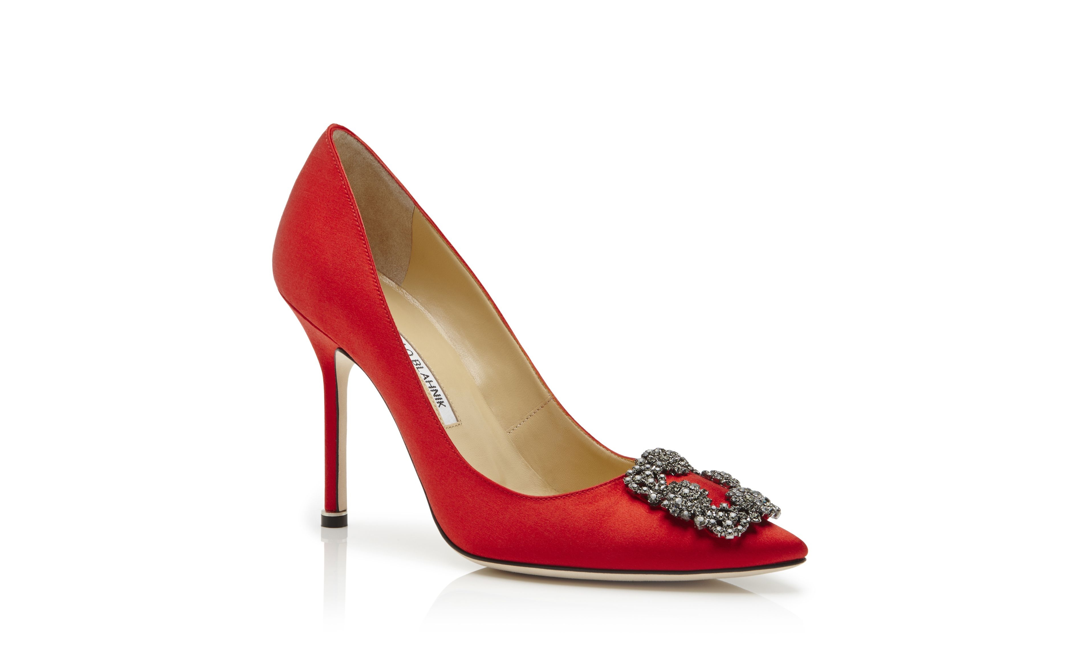 Red Satin Jewel Buckle Pumps - 3