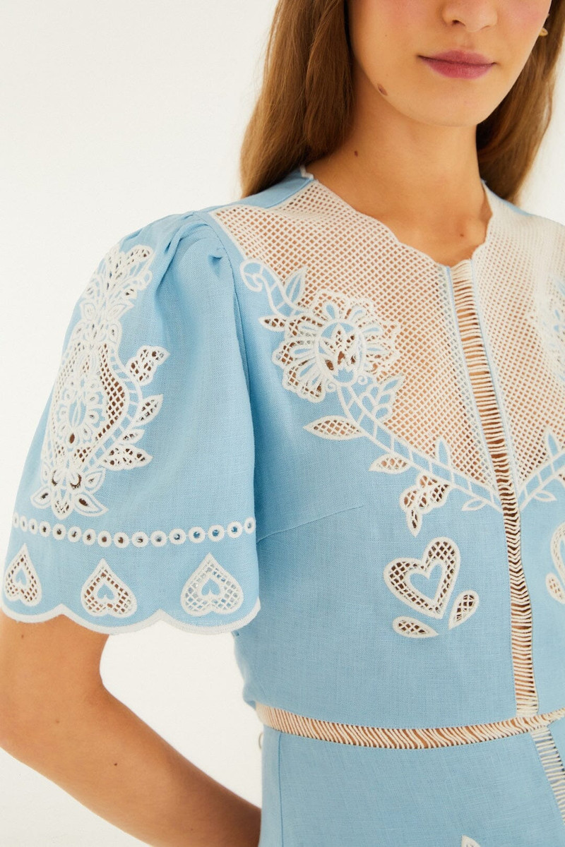 FARM RIO Light Blue Embroidered Euroflax Premium Linene Midi Dress outlook
