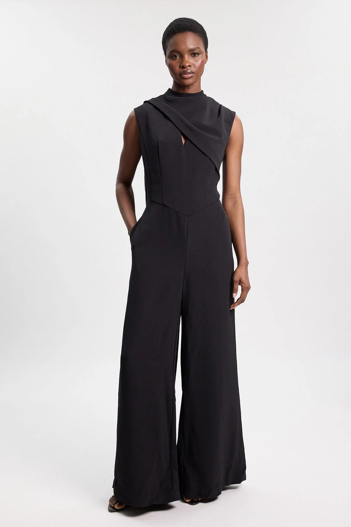 Tailored Crepe Cape Asymmetric Cape Neck Detail Jumpsuit - 1