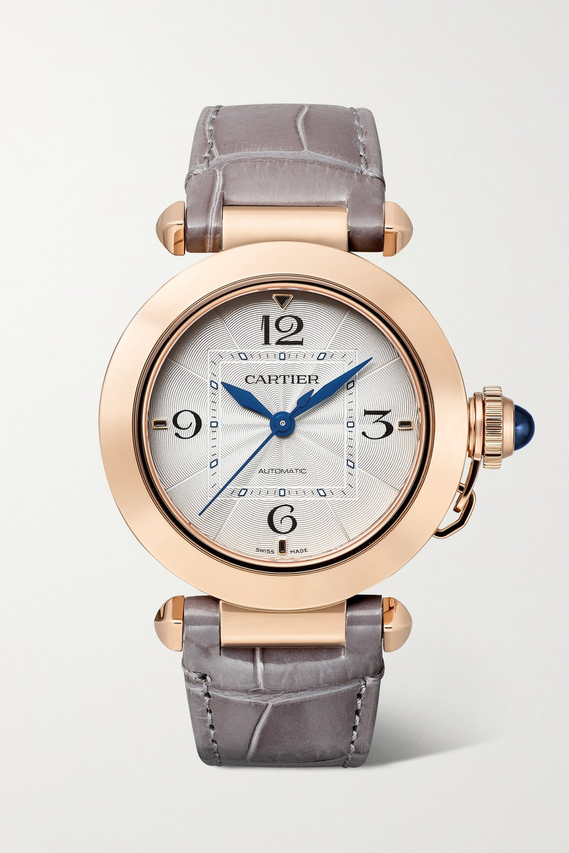Pasha de Cartier Automatic 35mm 18-karat rose gold and alligator watch 8