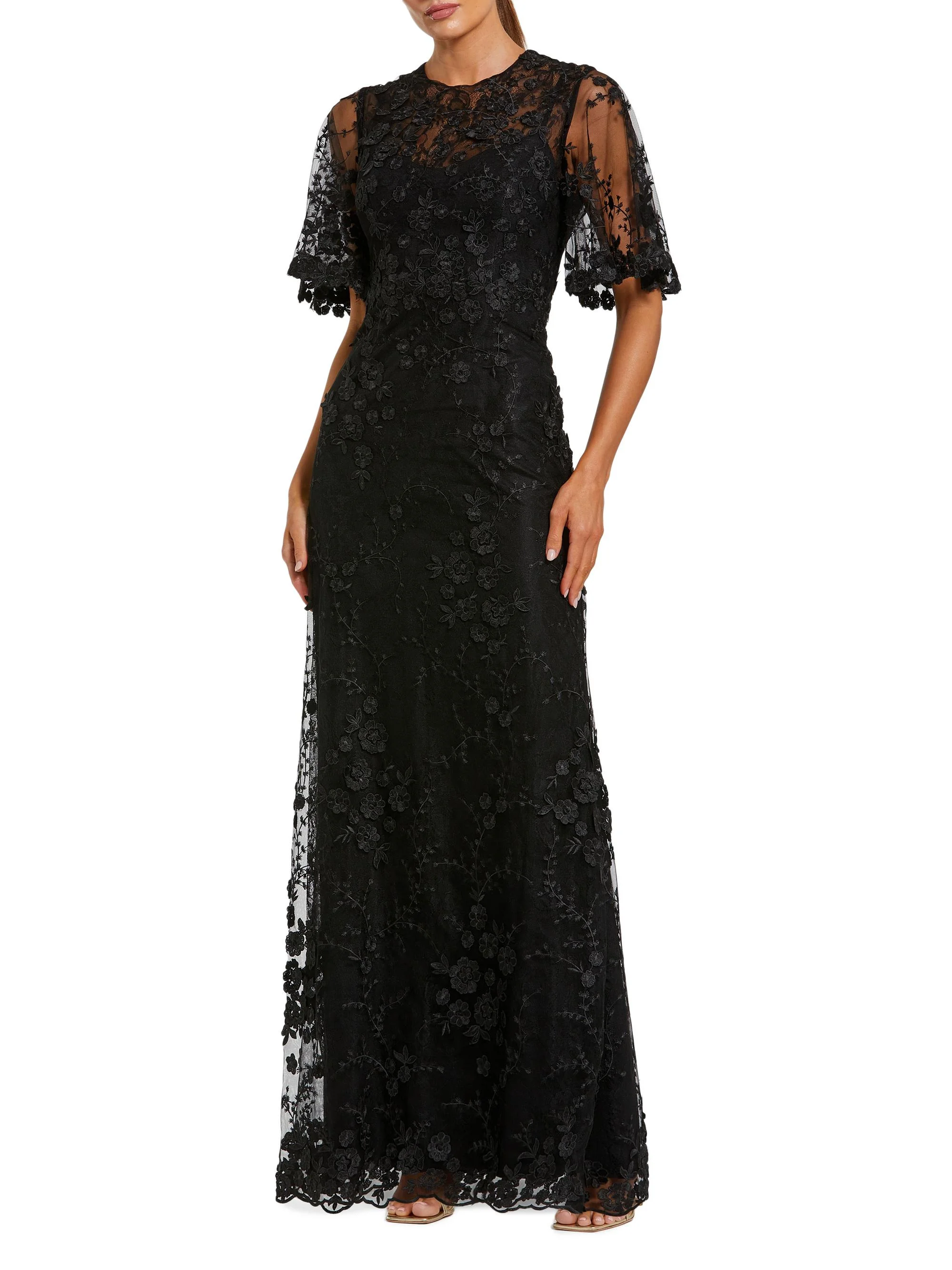 Women's Embellished Lace Flutter-Sleeve Gown - Black - 1