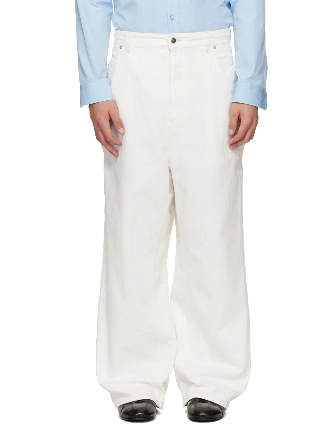 White Textured Denim Jeans - 1
