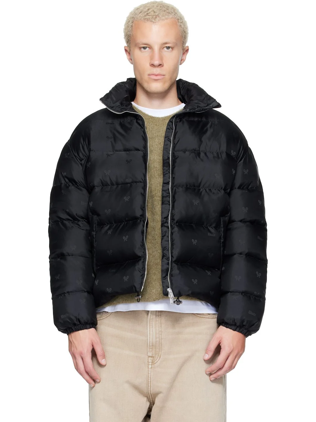 Black Paisley Jacquard Down Puffer Jacket - 1