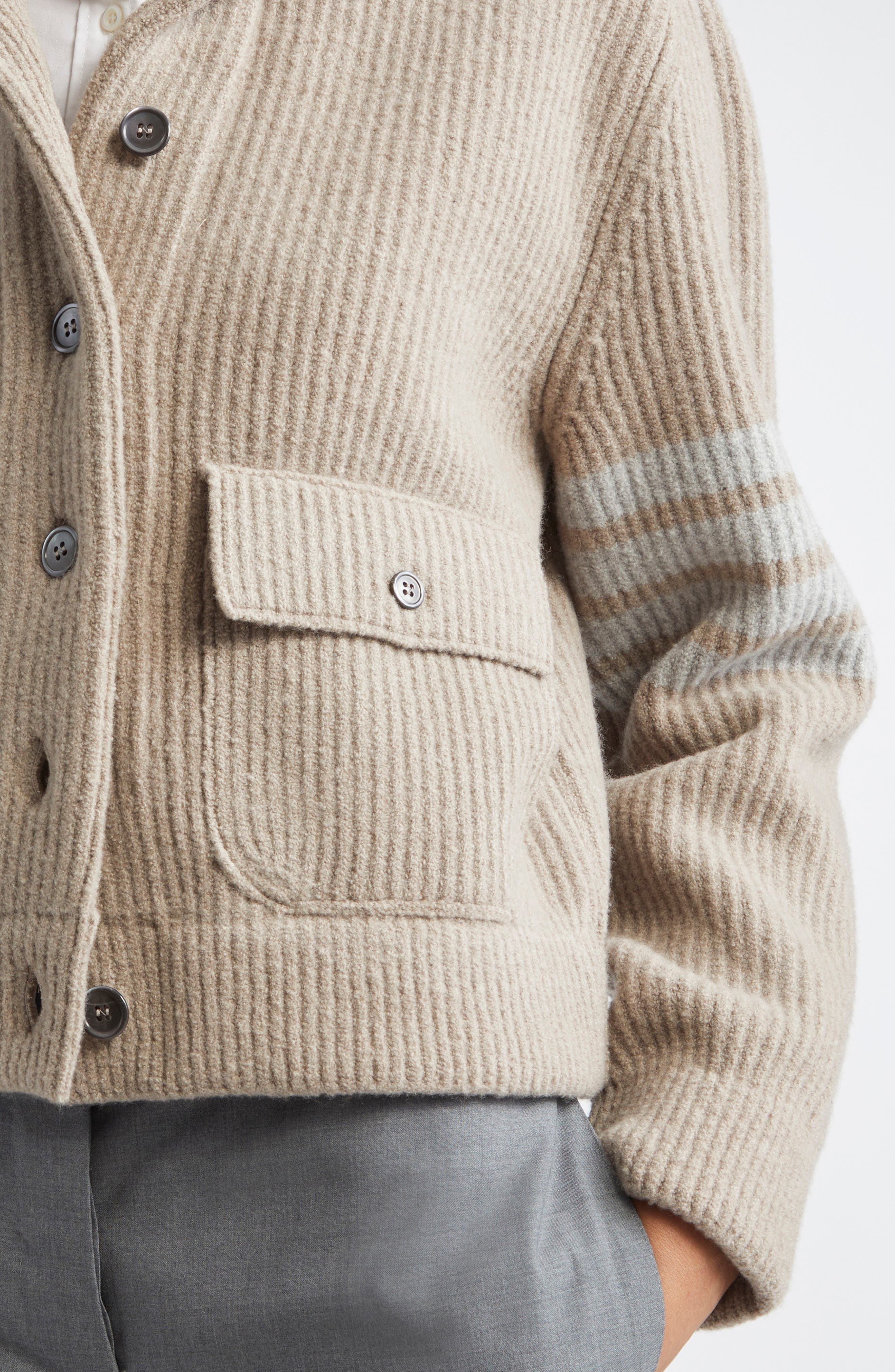 Thom Browne 4-Bar Rib Stitch Wool Blend Bomber Jacket in Medium Brown at Nordstrom - 5