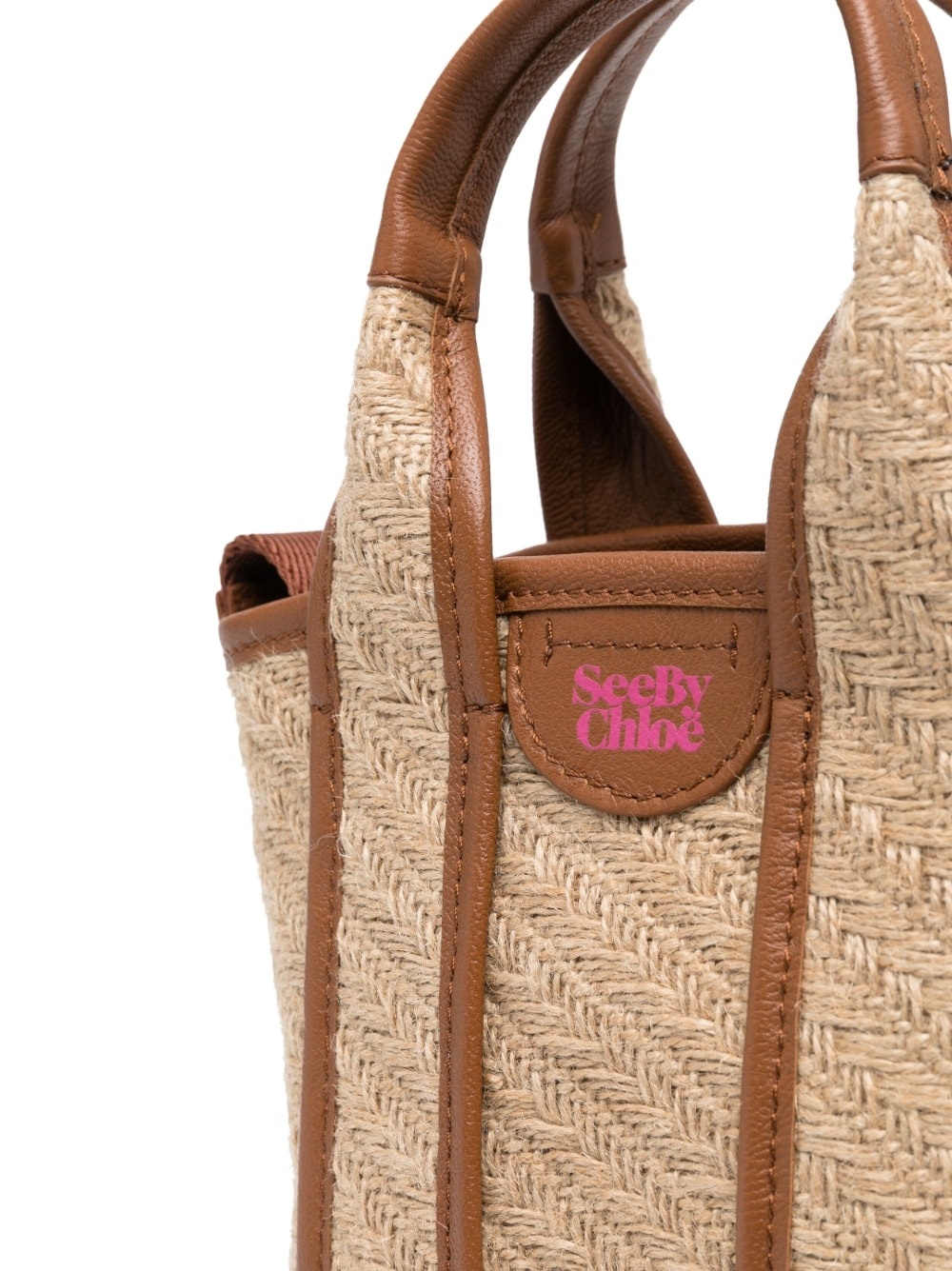 leather-trimmed jute tote bag - 4