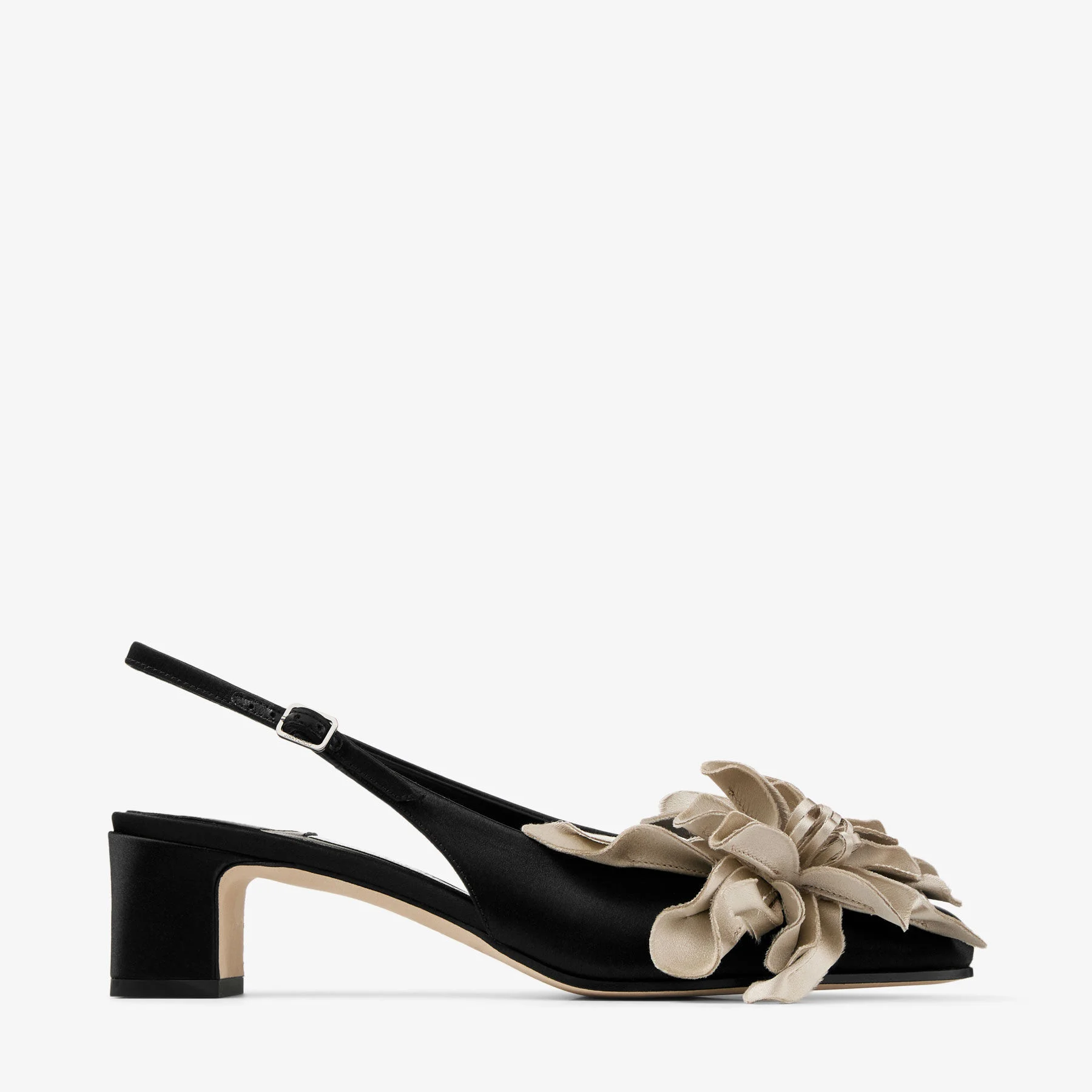 Eyla Sling Back 45 Black and Bone Satin Slingbacks with Floral Accent - 1
