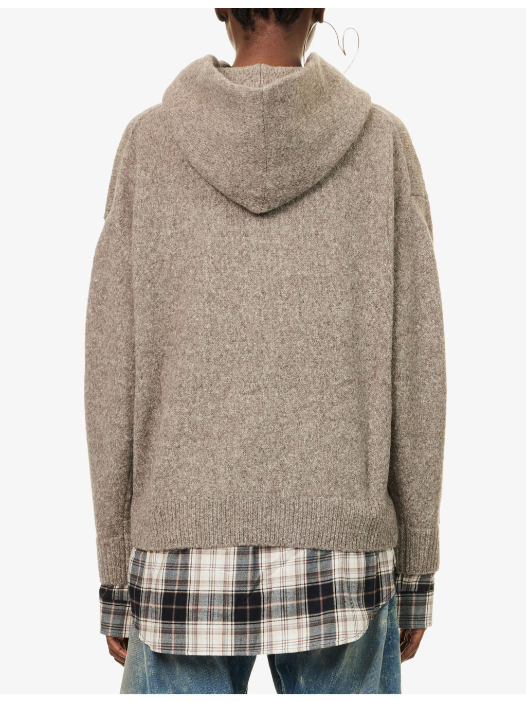 Contrast-Check-Print Relaxed-Fit Wool-Blend Hoodie - 4