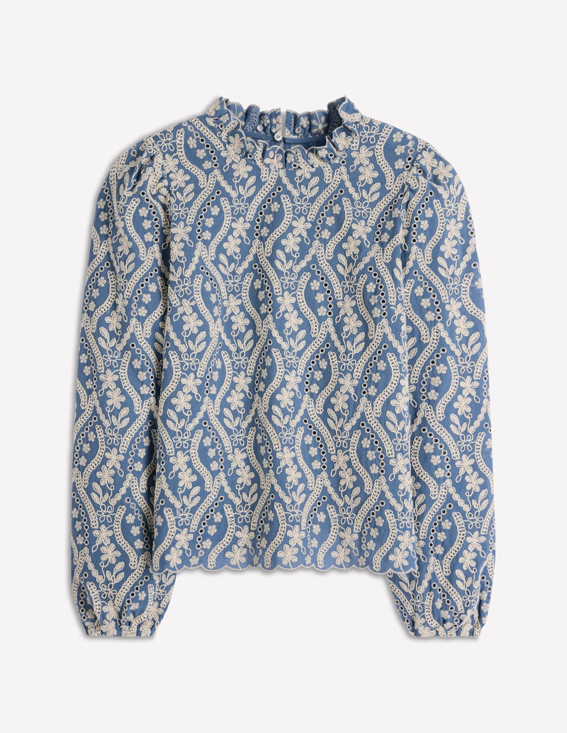Puff Sleeve Interest Top-Blue and Ivory Broderie 1