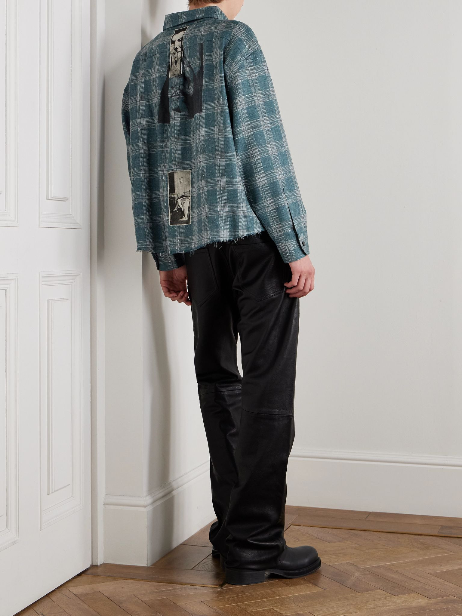 Button-Down Collar Frayed Appliquéd Printed Wool and Silk-Blend Flannel Shirt Blue - 2