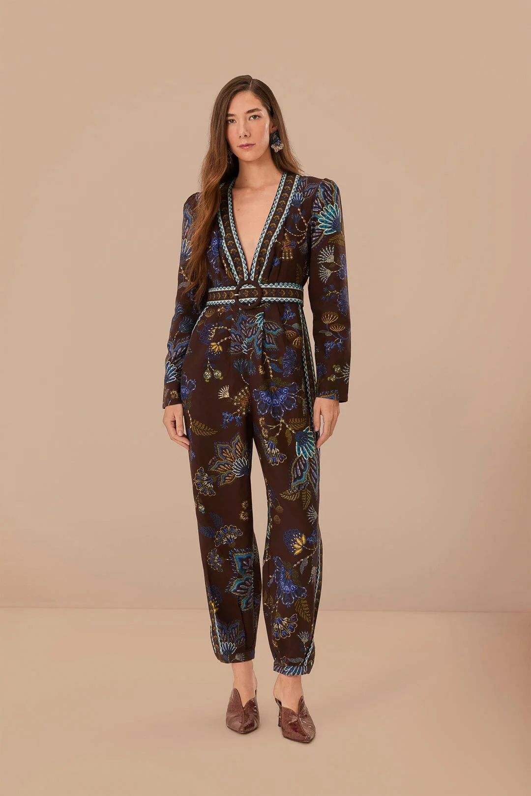Brown Garden V Neck Jumpsuit - 1