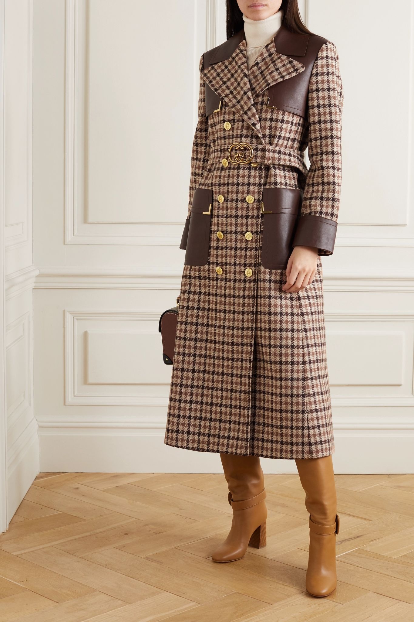 Belted leather-paneled checked wool-blend trench coat - 2