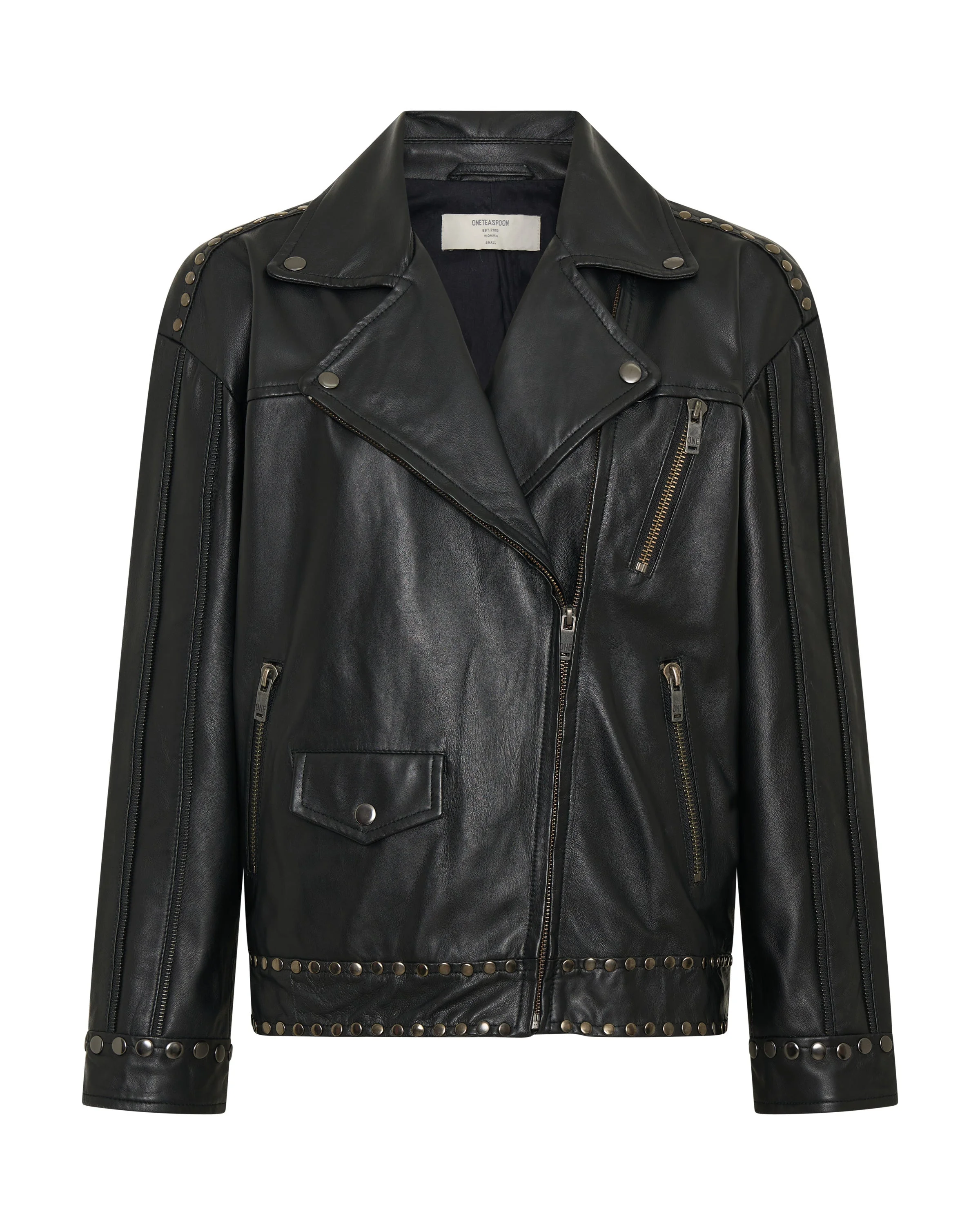 Biker Studded Zipped Leather Jacket - Black - 1