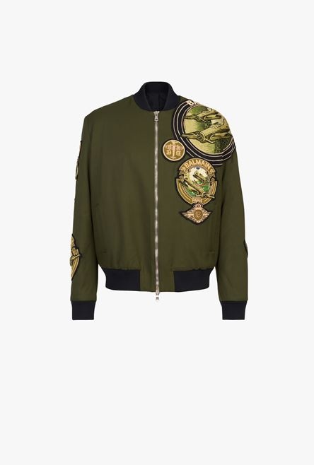 Khaki aviator teddy jacket with Balmain badges - 1