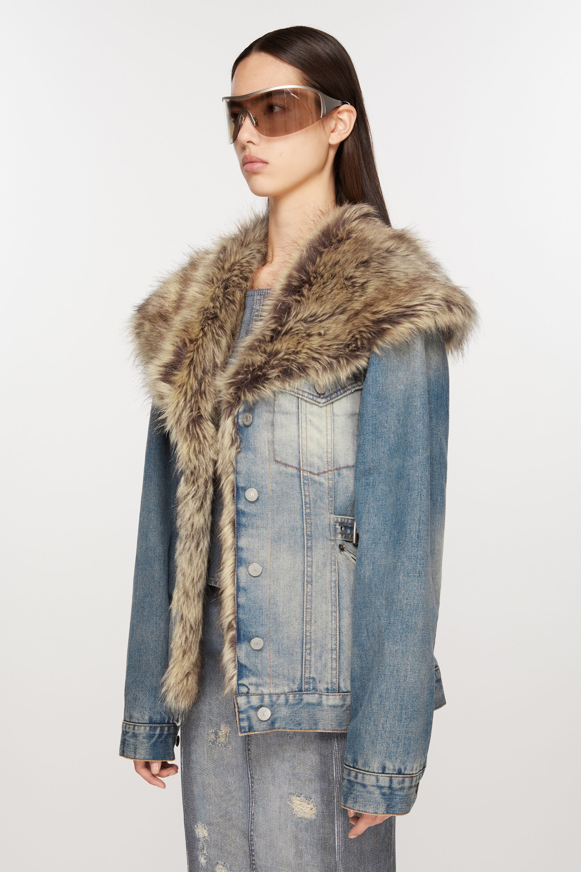 Furry trim denim jacket - Mid Blue - 3