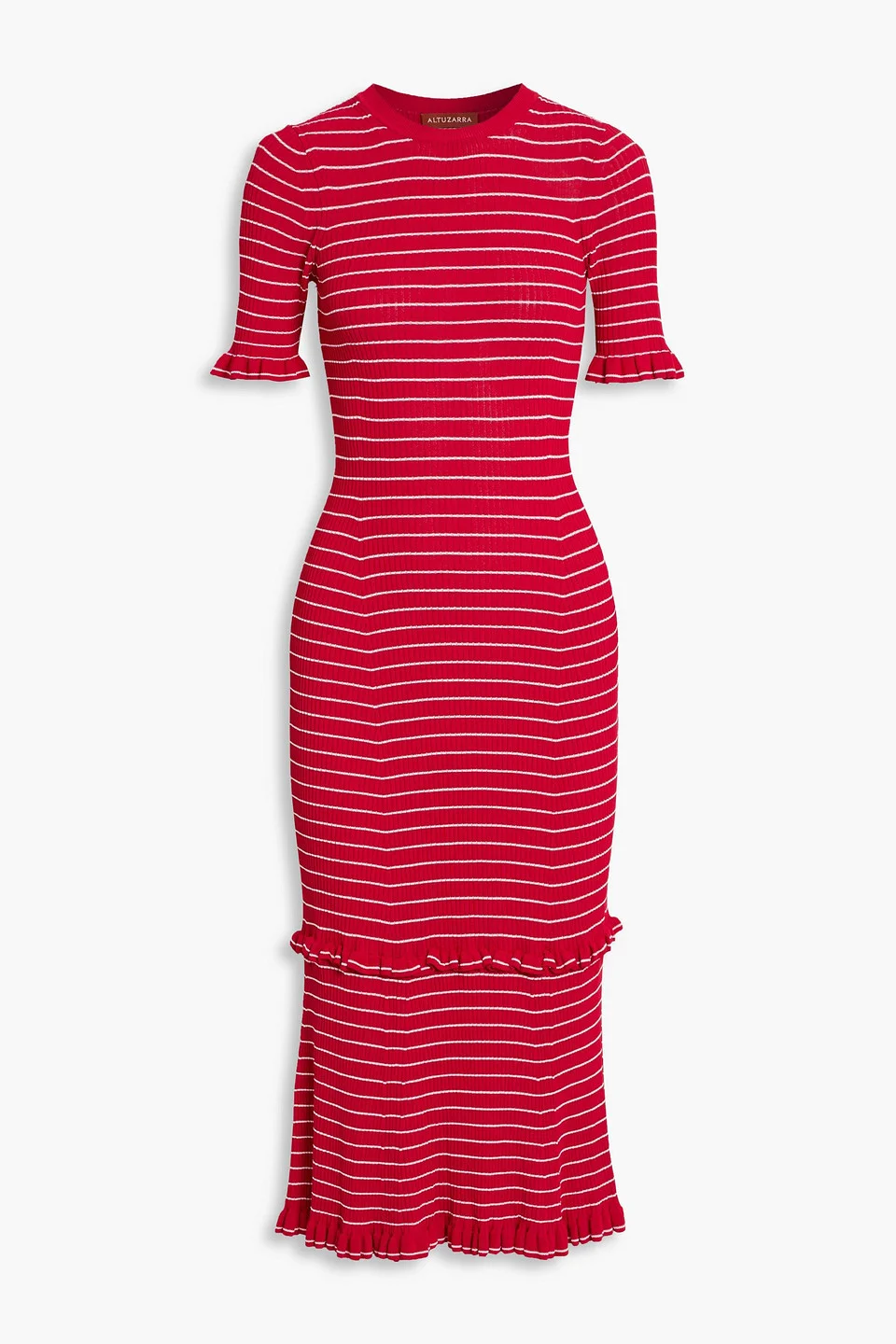 Ruffled striped ribbed-knit midi dress - 1
