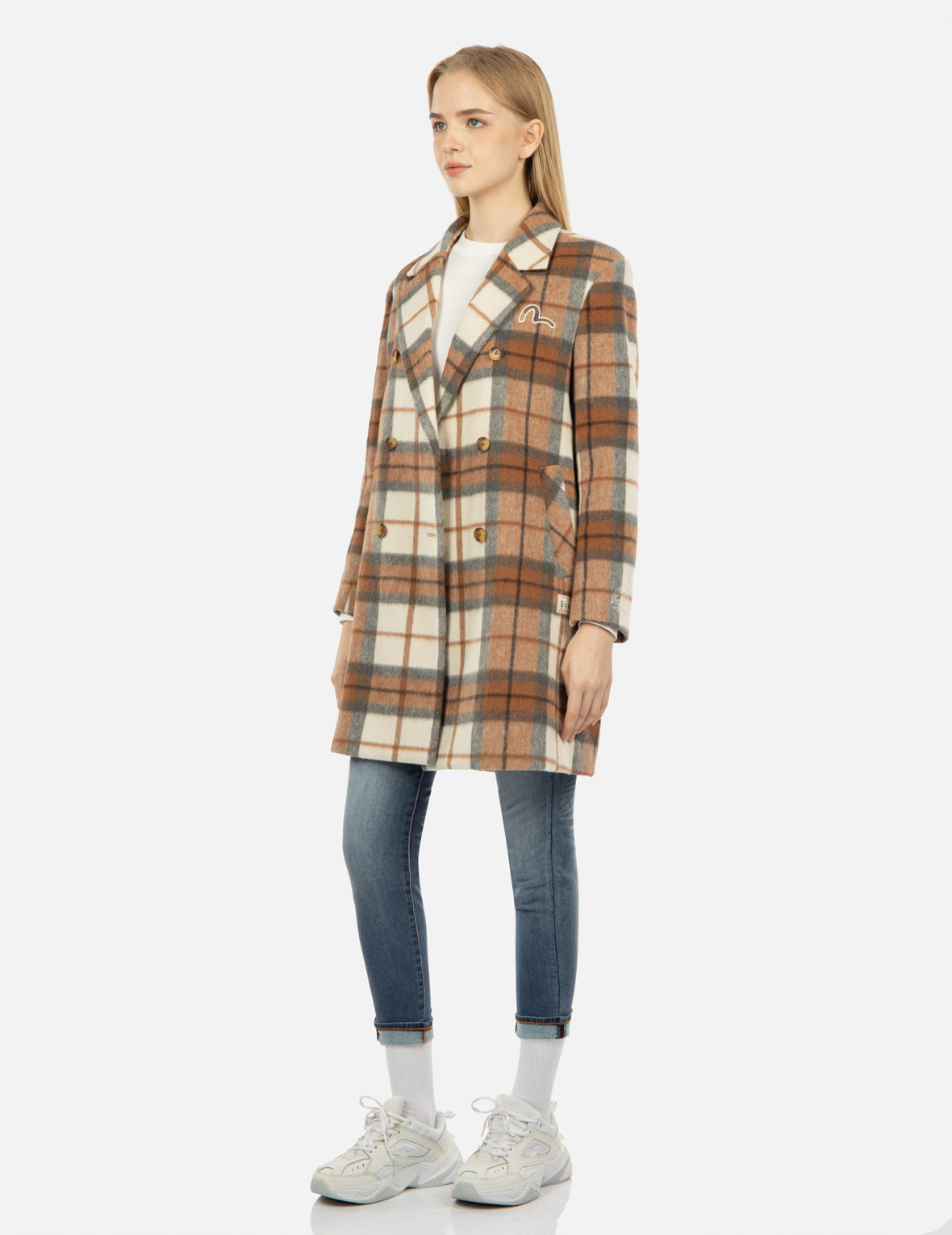 SEAGULL EMBROIDERY CHECKED WOOL-BLEND COAT - 3