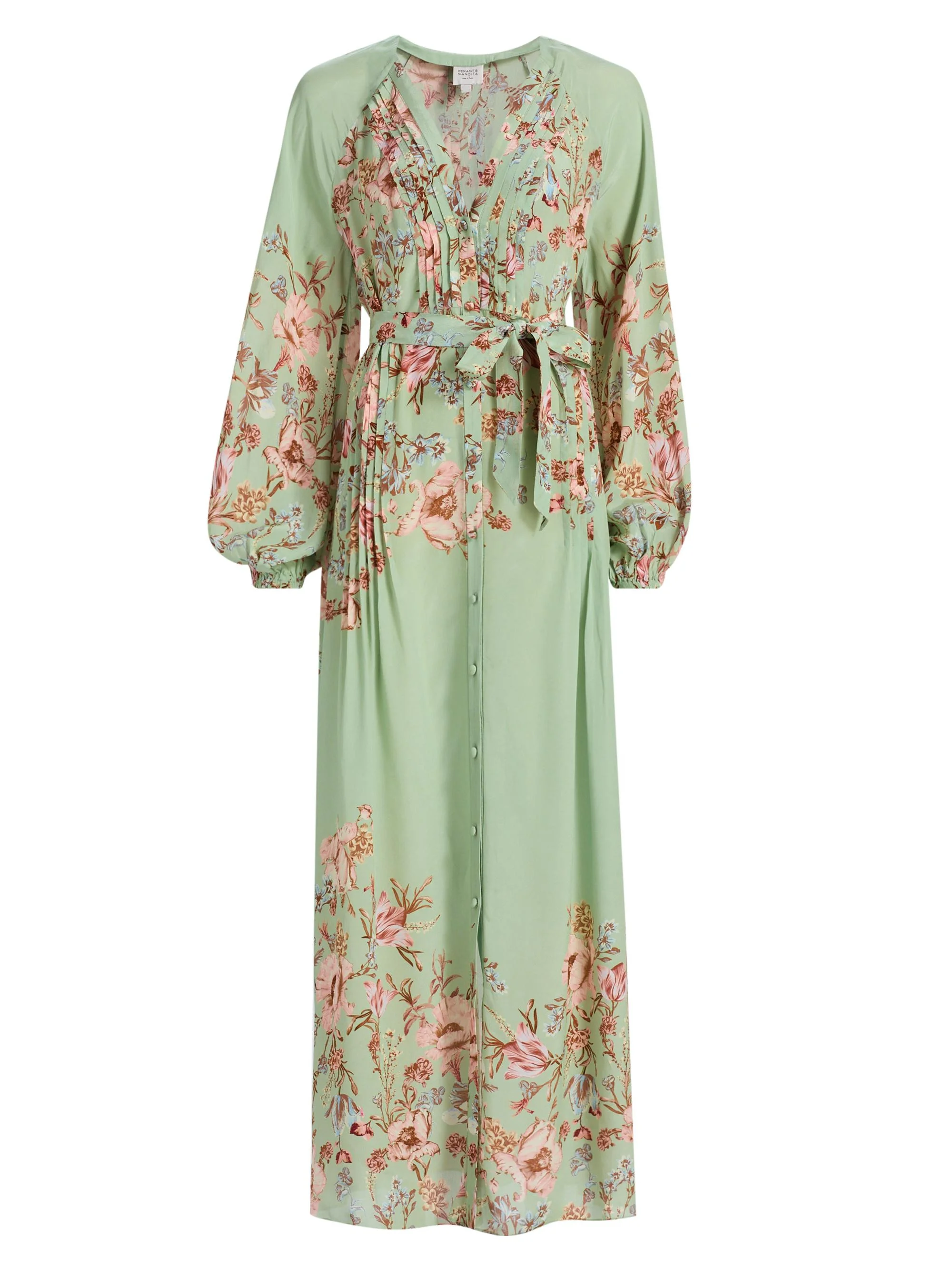 Women's Floral Pintuck Maxi Shirtdress - Green - 1
