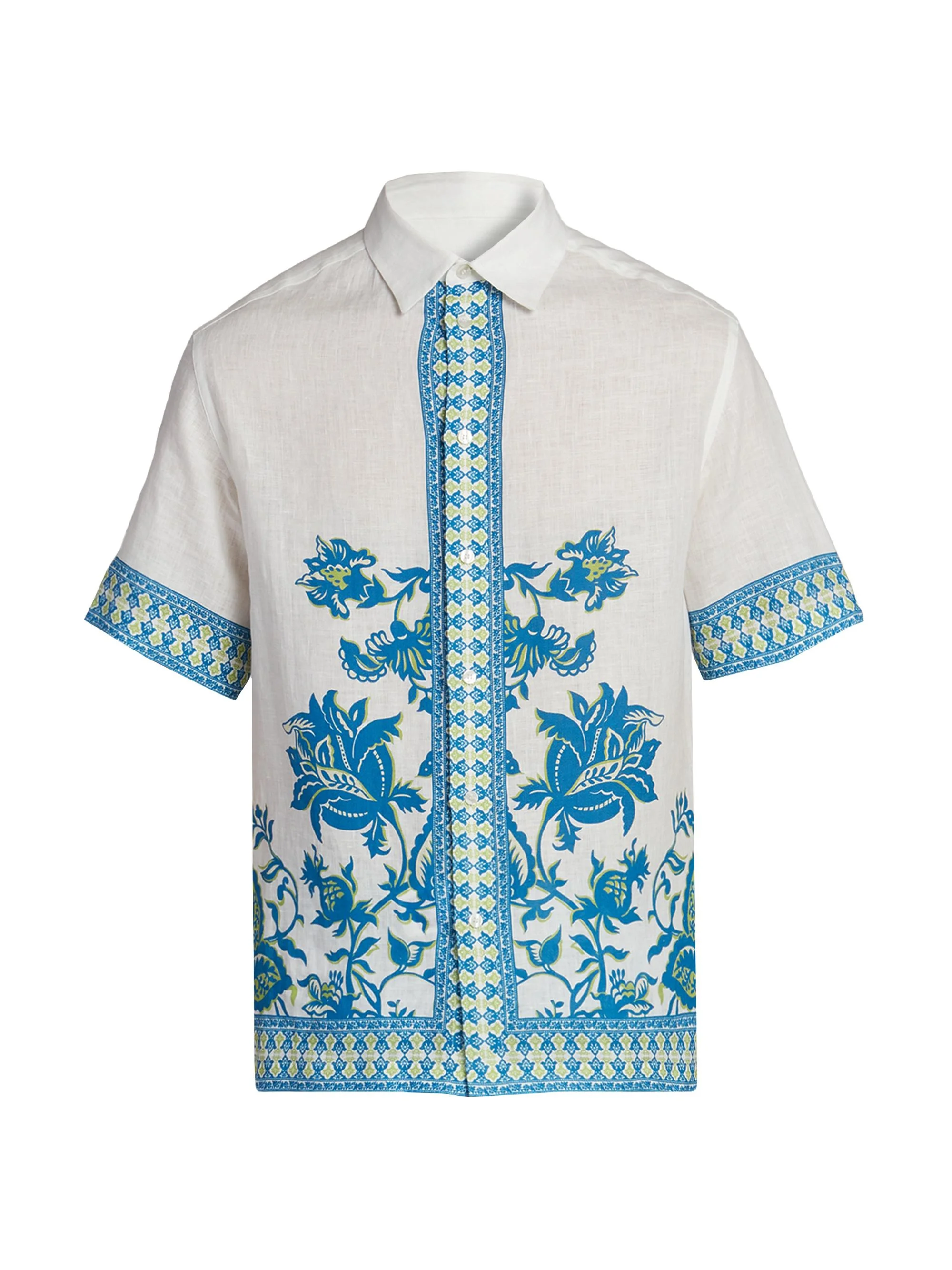 Men's Aqua Print Linen Short-Sleeve Shirt - Stampa Azzurro - 1