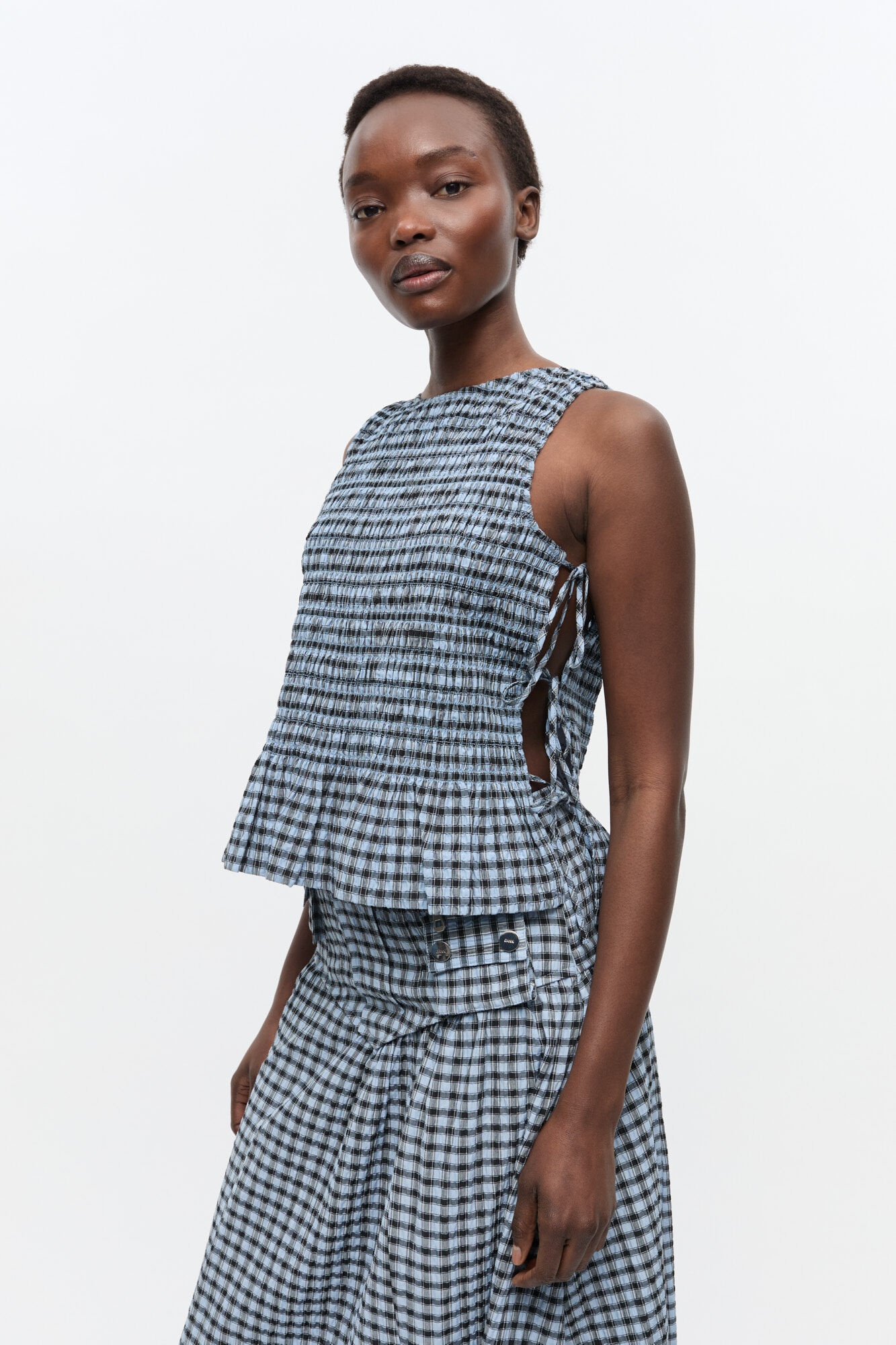 BLUE SEERSUCKER CHECK SMOCK TIE STRING TOP - 2