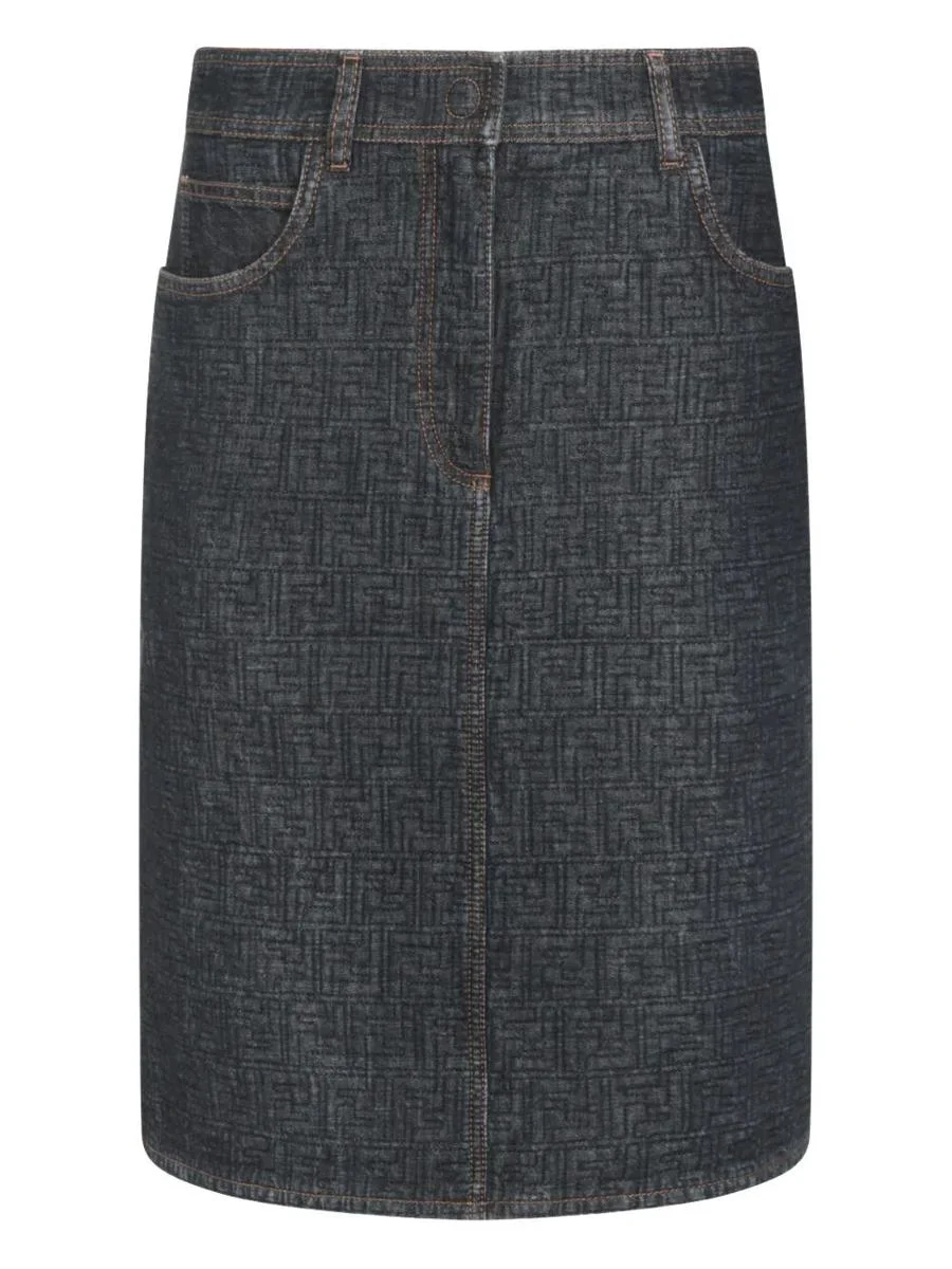 Fendi Flared Midi Denim Skirt With All-Over Quilted Ff Motif Clothing - 1