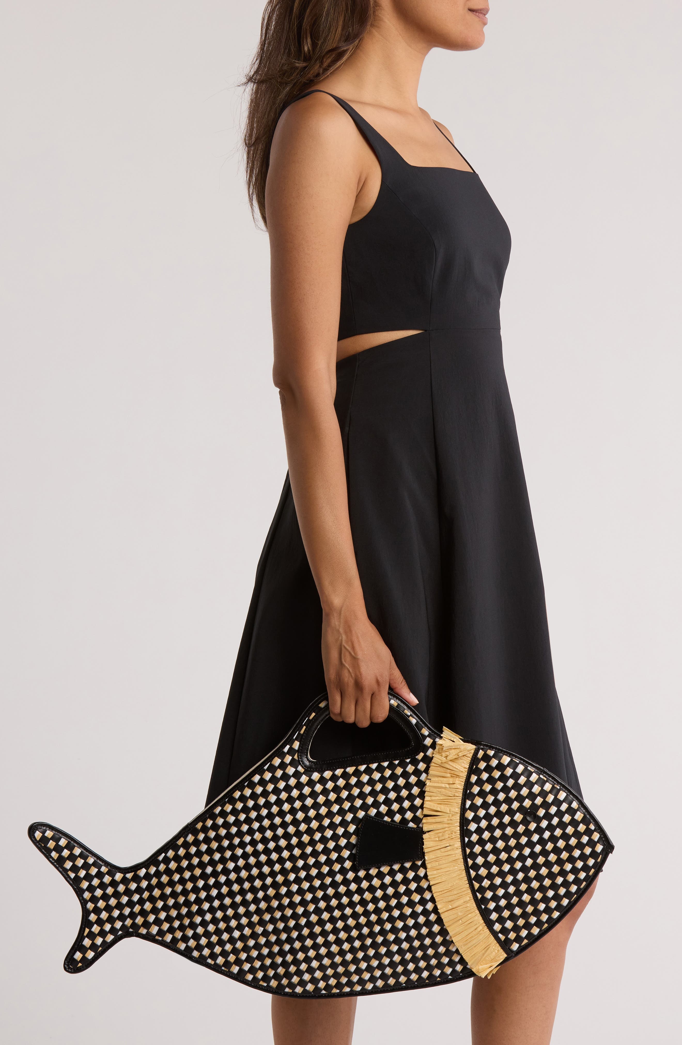 STAUD Cleo Fish Woven Raffia Basket Bag in Black/Natural at Nordstrom - 2