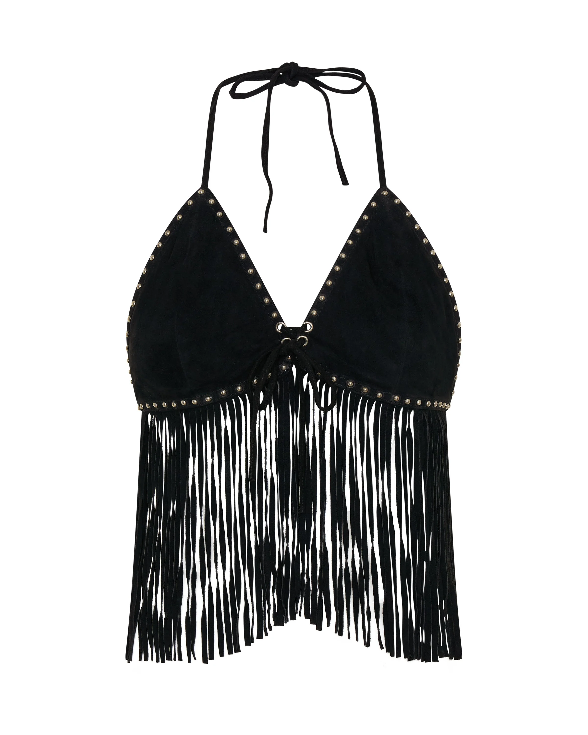 Rebel Rider Fringed Studded Suede Cami Top - Black - 1