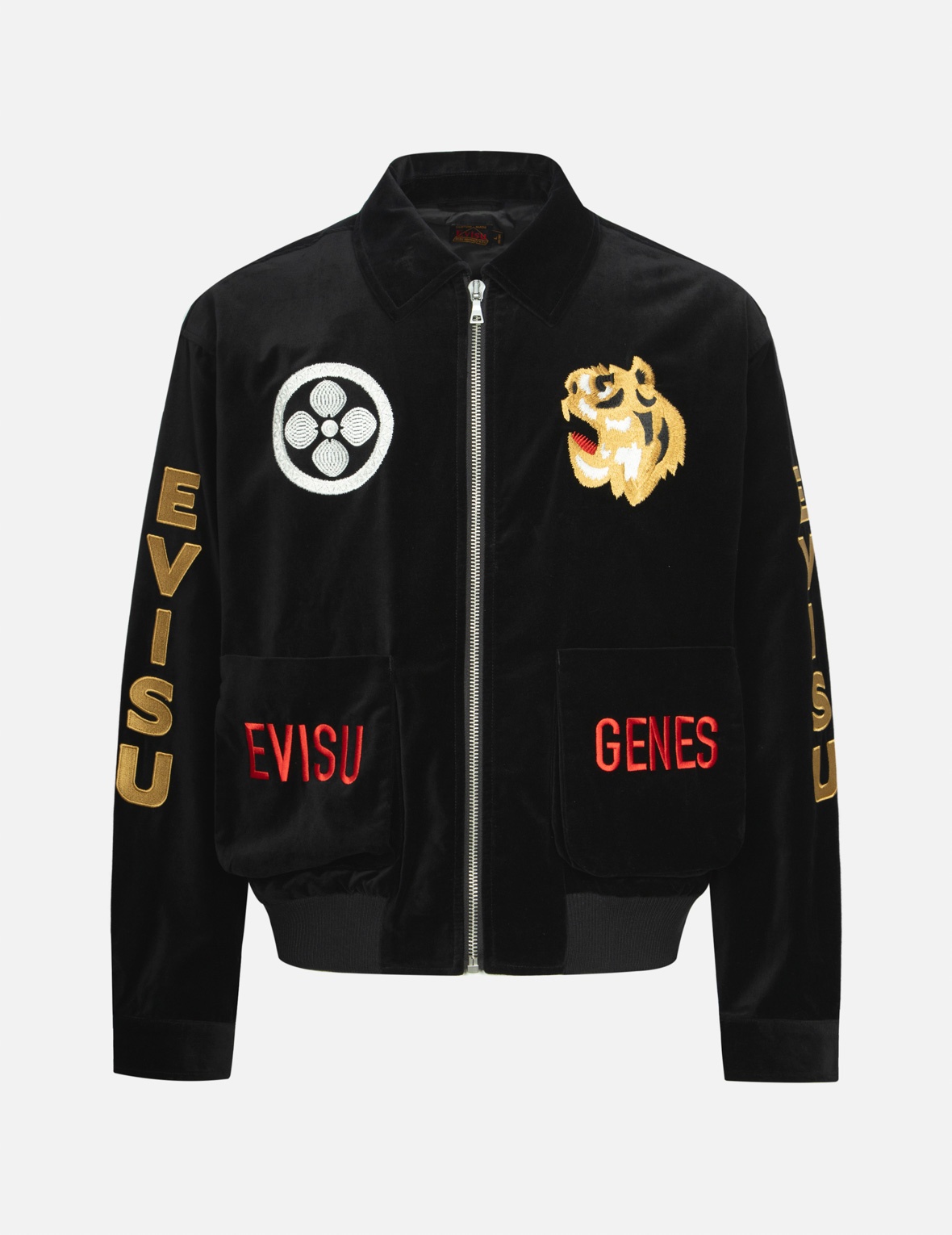 TIGER AND LOGO EMBROIDERY OVERSIZED VELVET BOMBER JACKET - 1