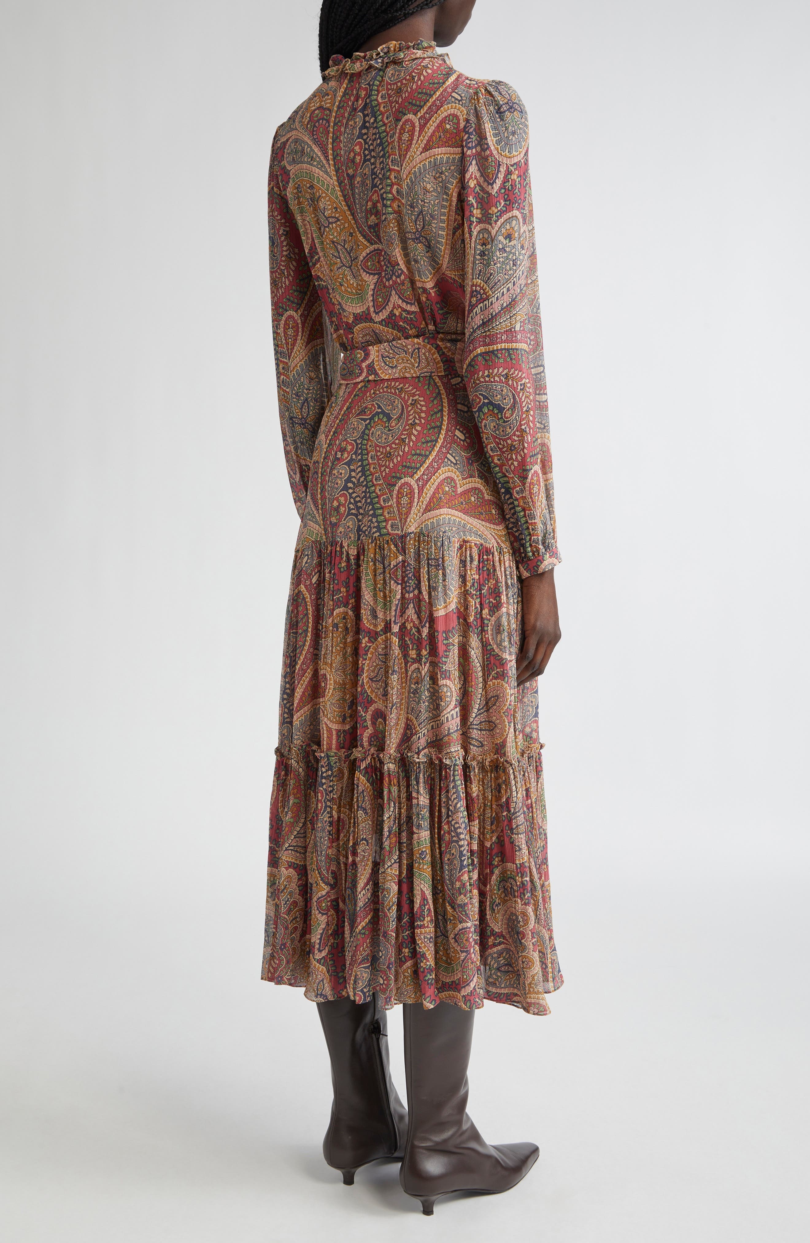 Etro Paisley Print Long Sleeve Belted Crepon Midi Dress in Bordeaux at Nordstrom - 2