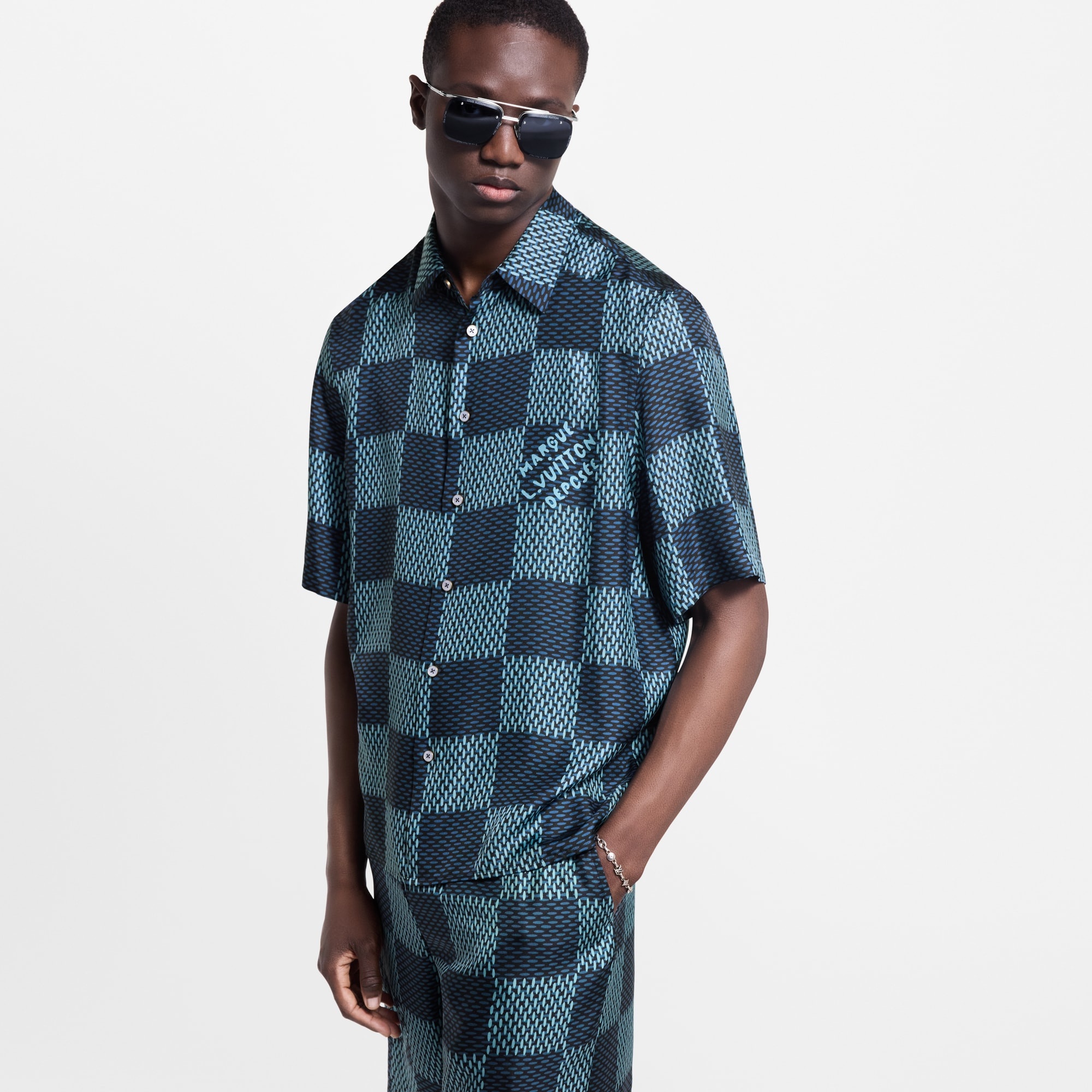 Damier Short-Sleeved Silk Shirt - 2