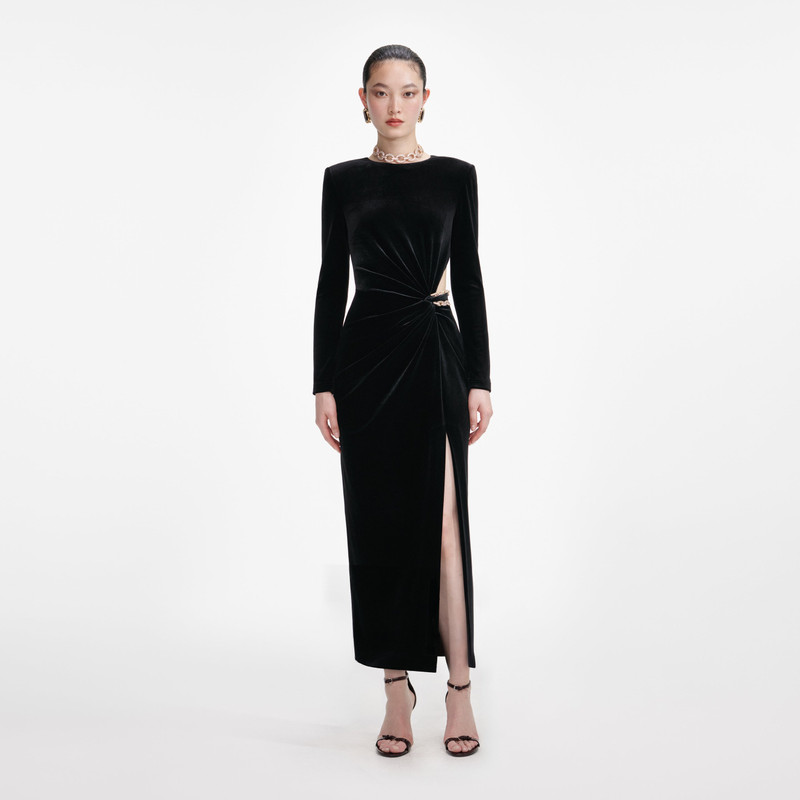 Black Velvet Embellished Midi Dress - 1