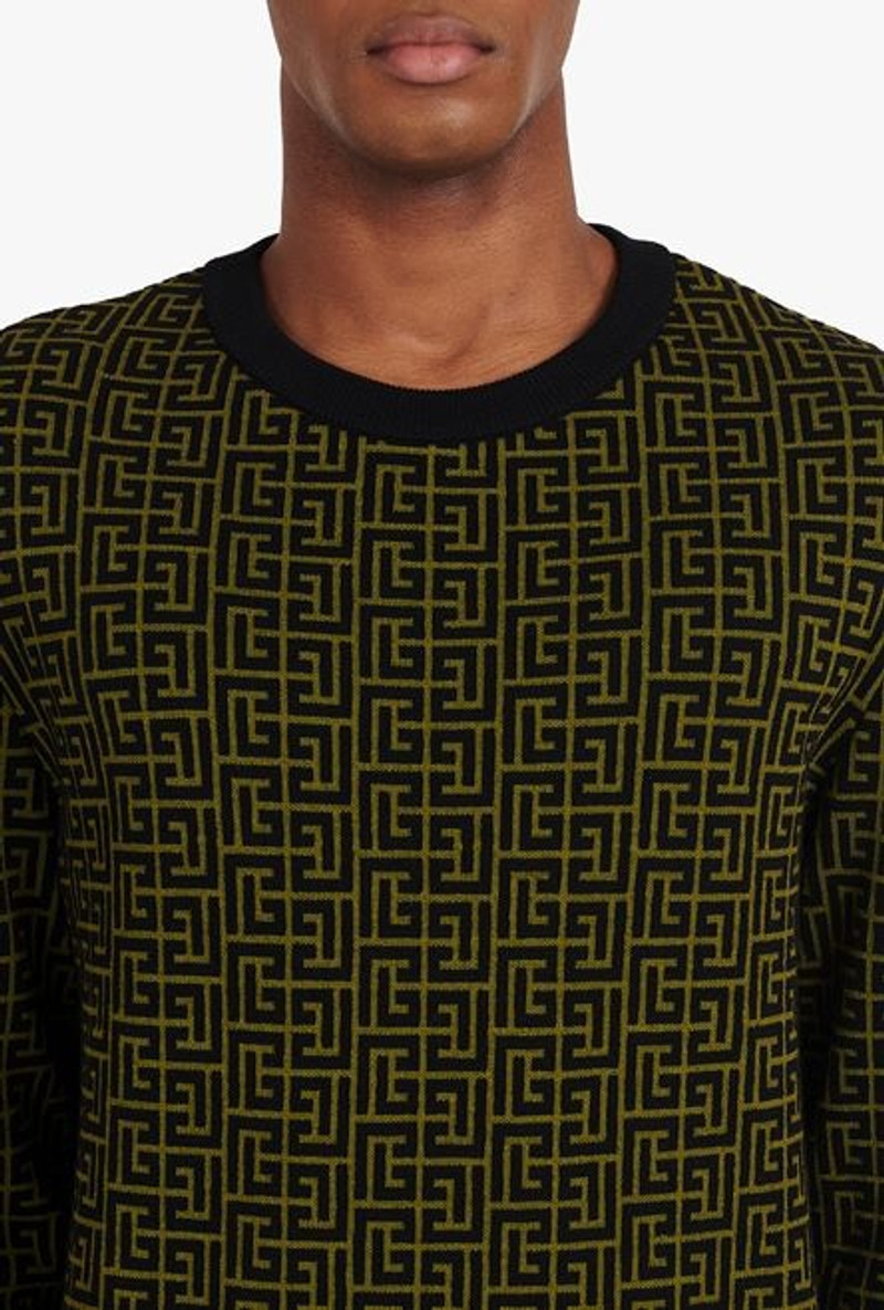 Khaki and black wool sweater with Balmain monogram 6