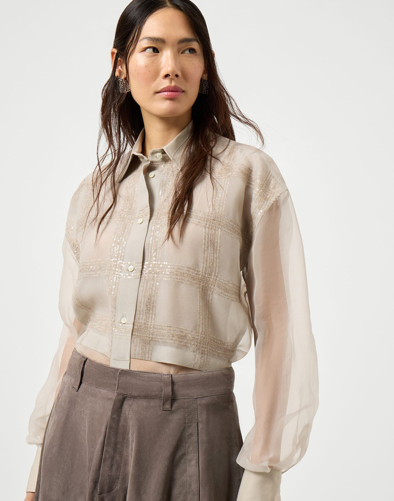 Crispy silk layered shirt with dazzling checks embroidery 4