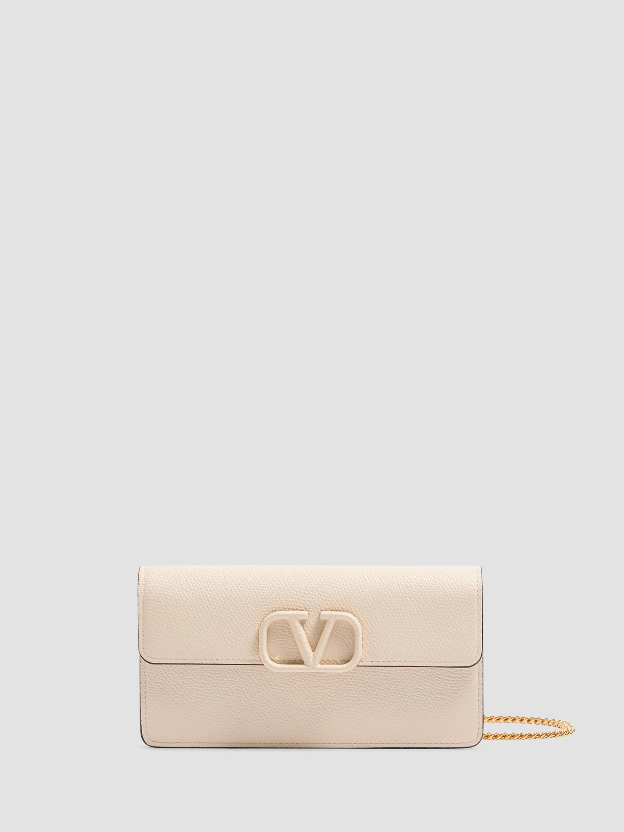 Women's VLogo Signature Grainy Calfskin Wallet with Chain - Light Beige - 1