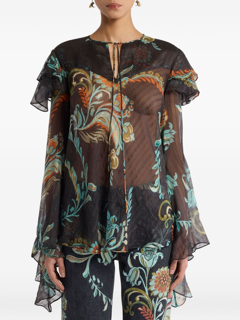 ruffled floral print blouse - 3