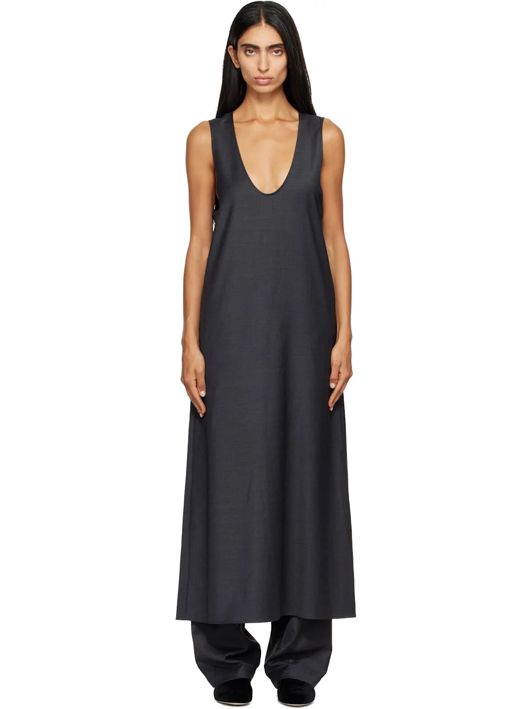 Gray Wool Silk Sleeveless Onepiece Maxi Dress - 1
