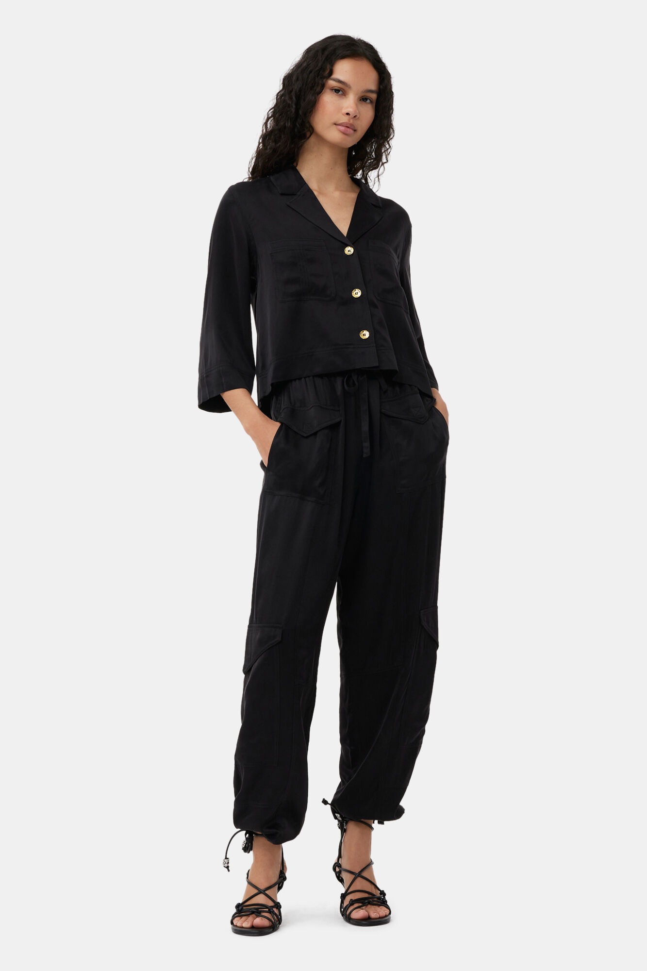 BLACK WASHED SATIN POCKET PANTS - 2