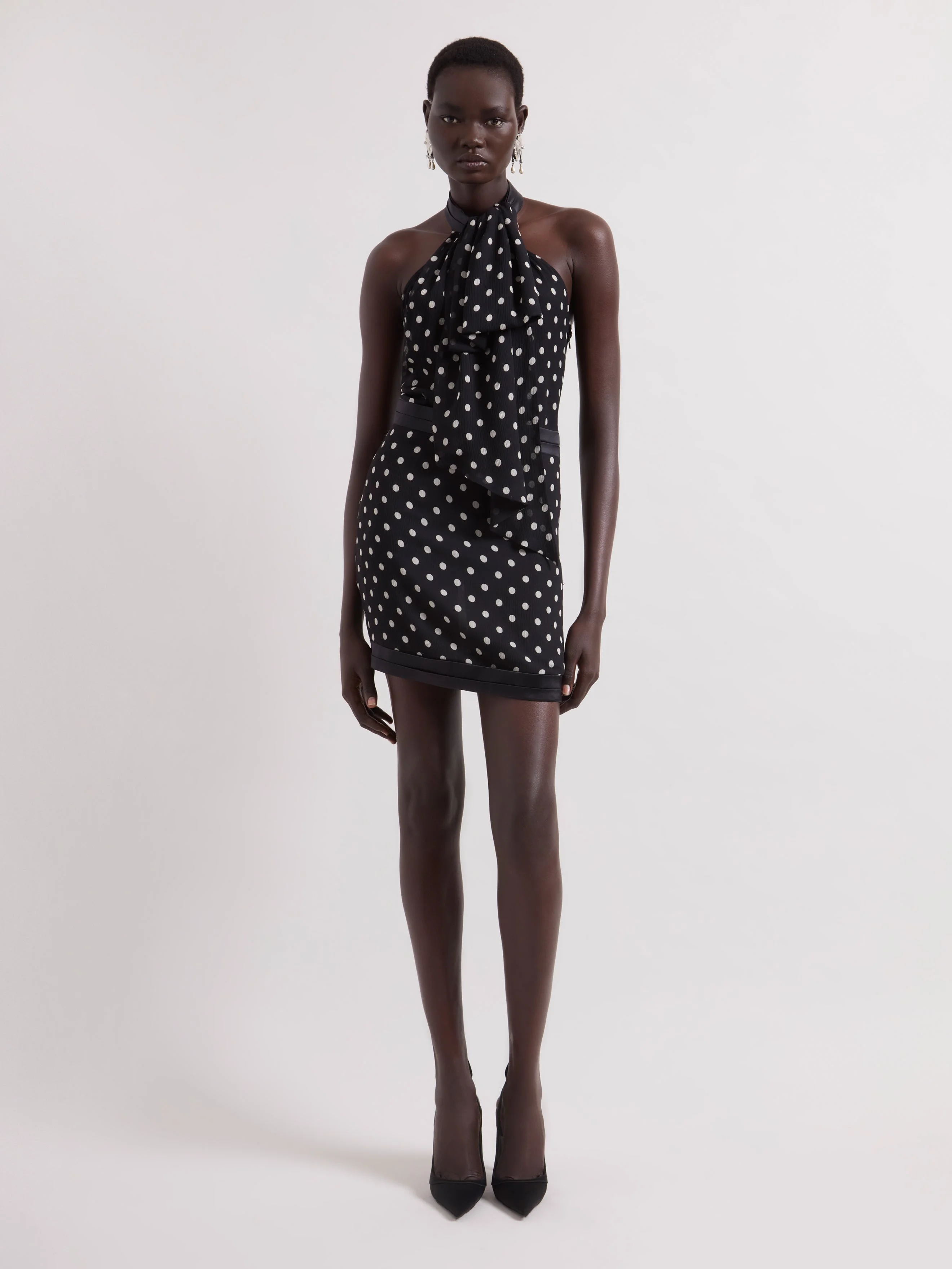 Black Polka Dots Halterneck Mini Dress - 1