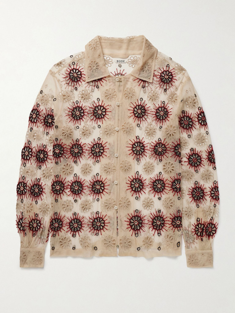 Solarium Bead-Embellished Broderie Anglaise Tulle Shirt Beige 1