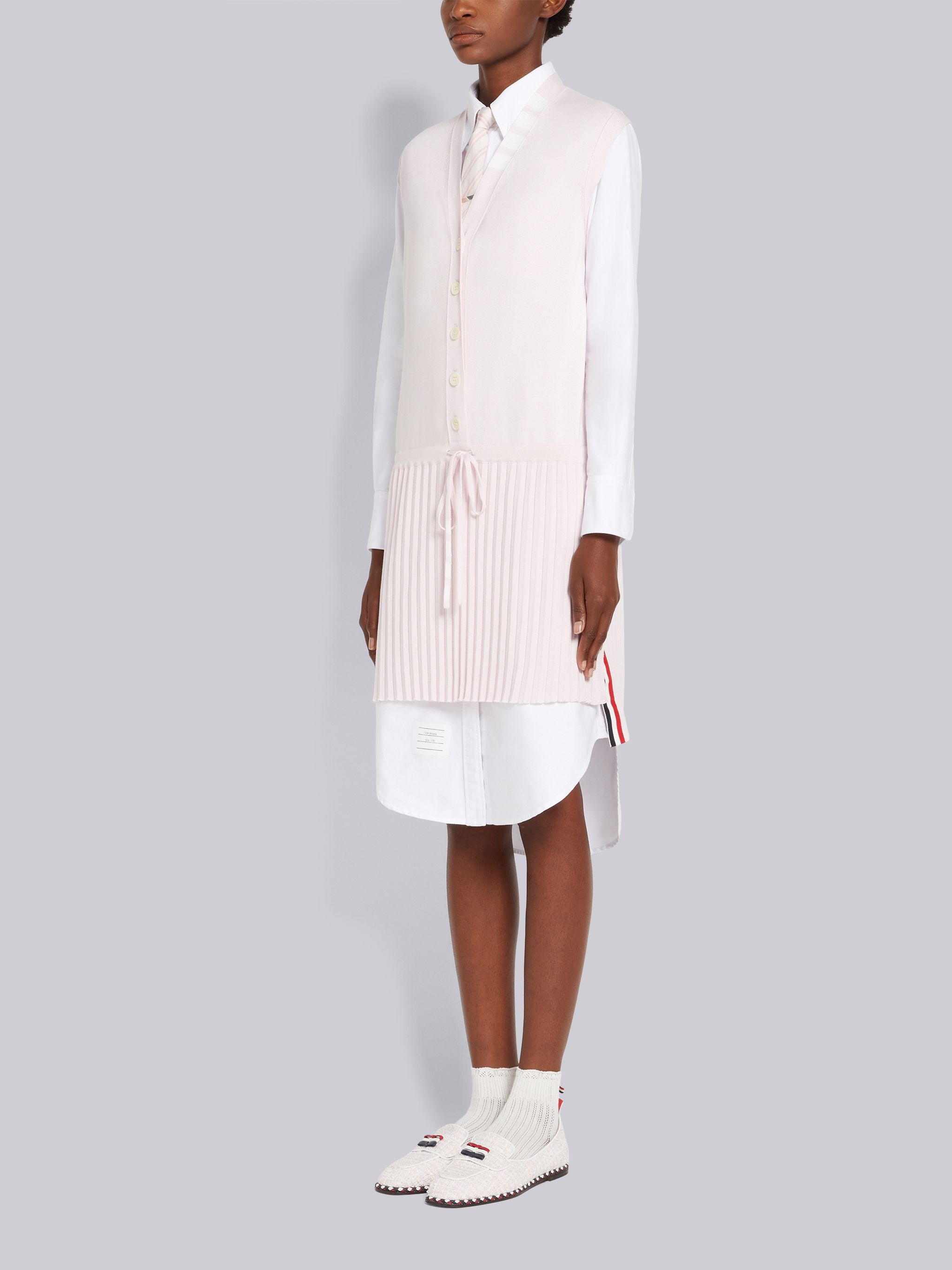 Light Pink Stretch Silk Cotton Jersey 4-Bar Trim Pleated Bottom Mini Vest Dress - 2