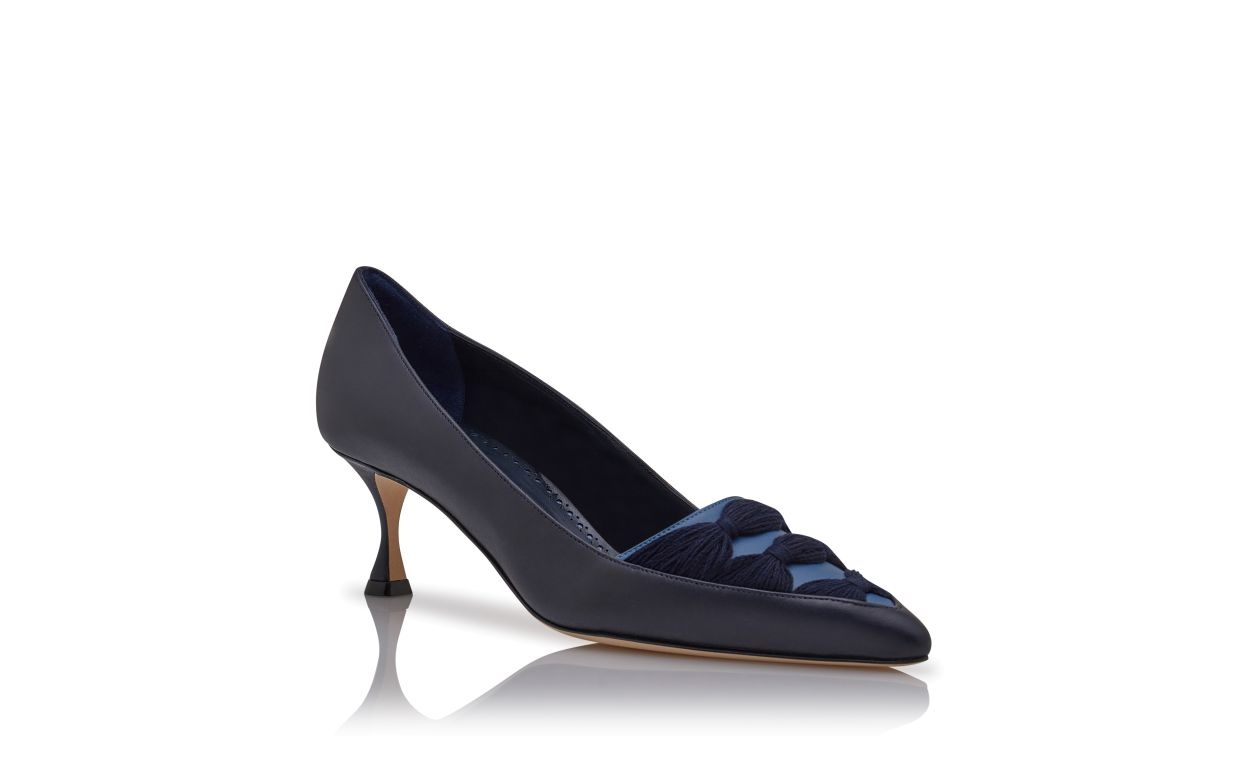 Navy Blue Nappa Leather Ruched Pumps - 3