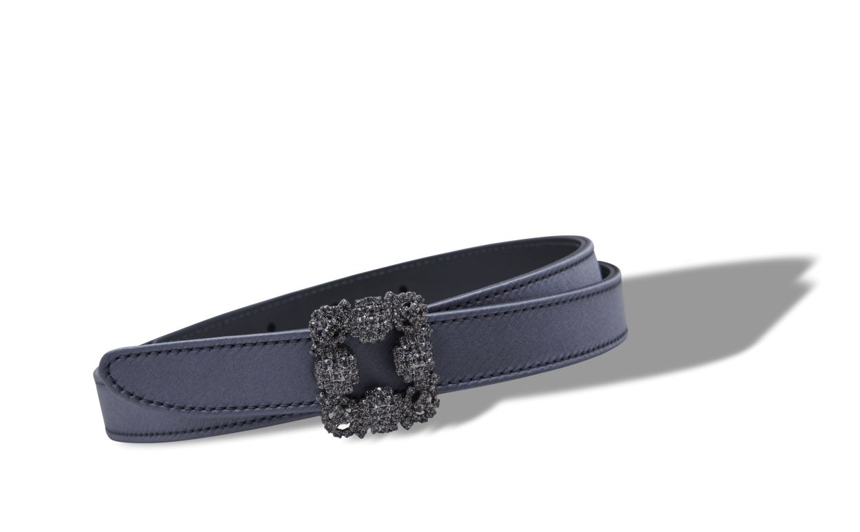 Blue-Grey Satin Crystal Buckled Belt - 2