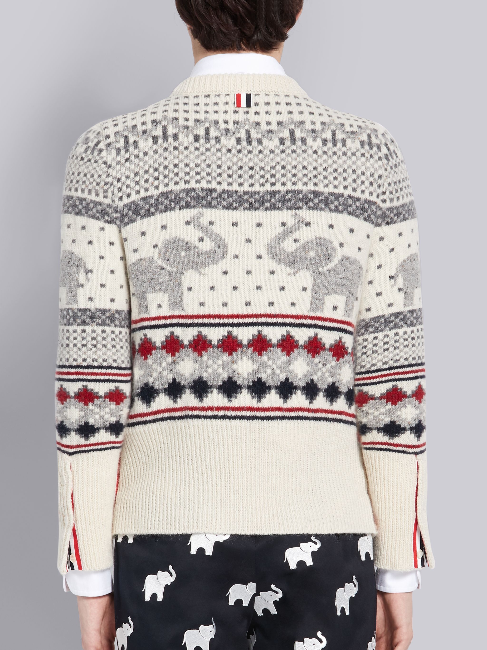 White Mohair Wool Elephant Icon Fair Isle Crewneck Pullover - 2