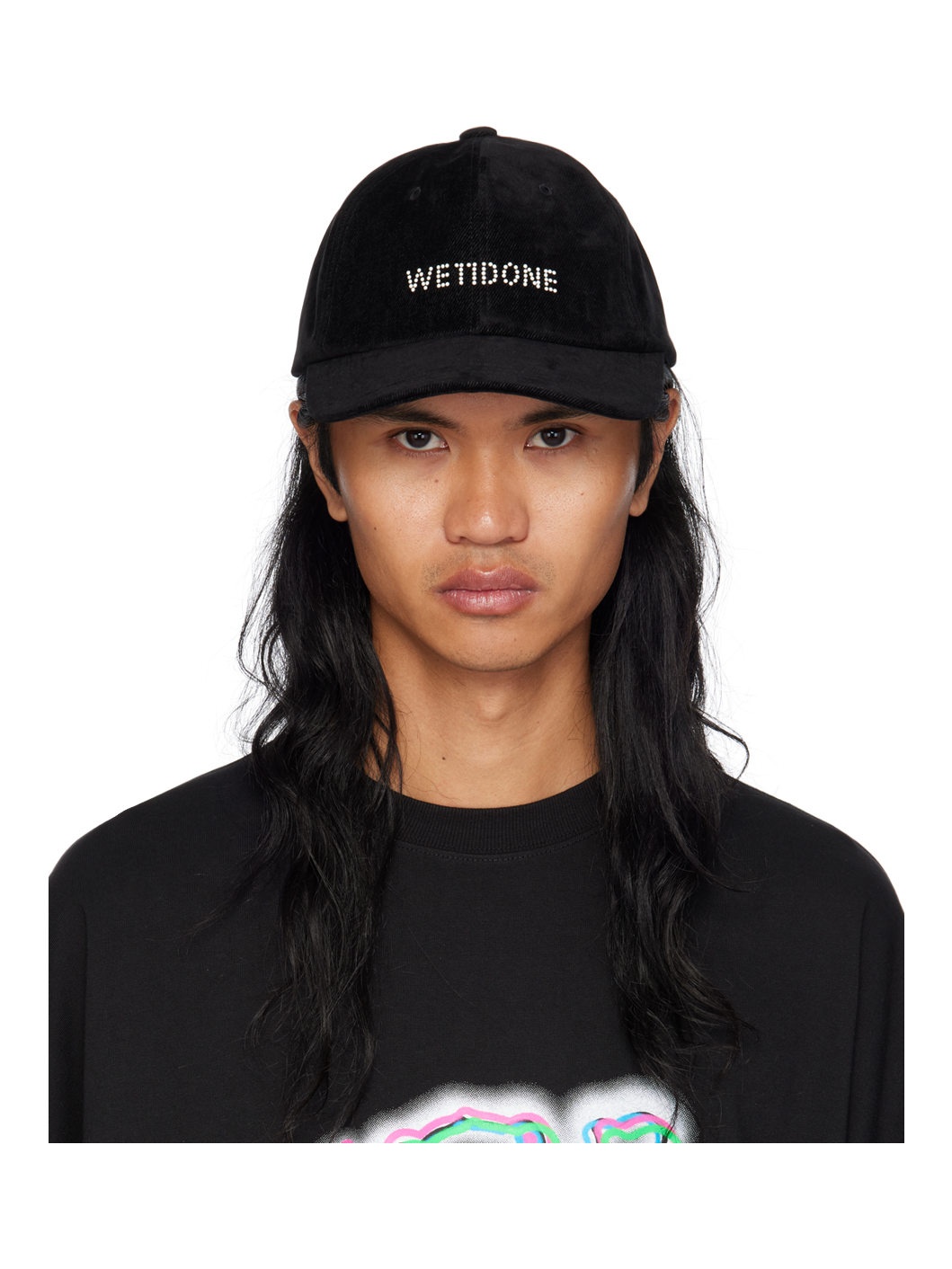 Black Flocked Denim Cap - 1