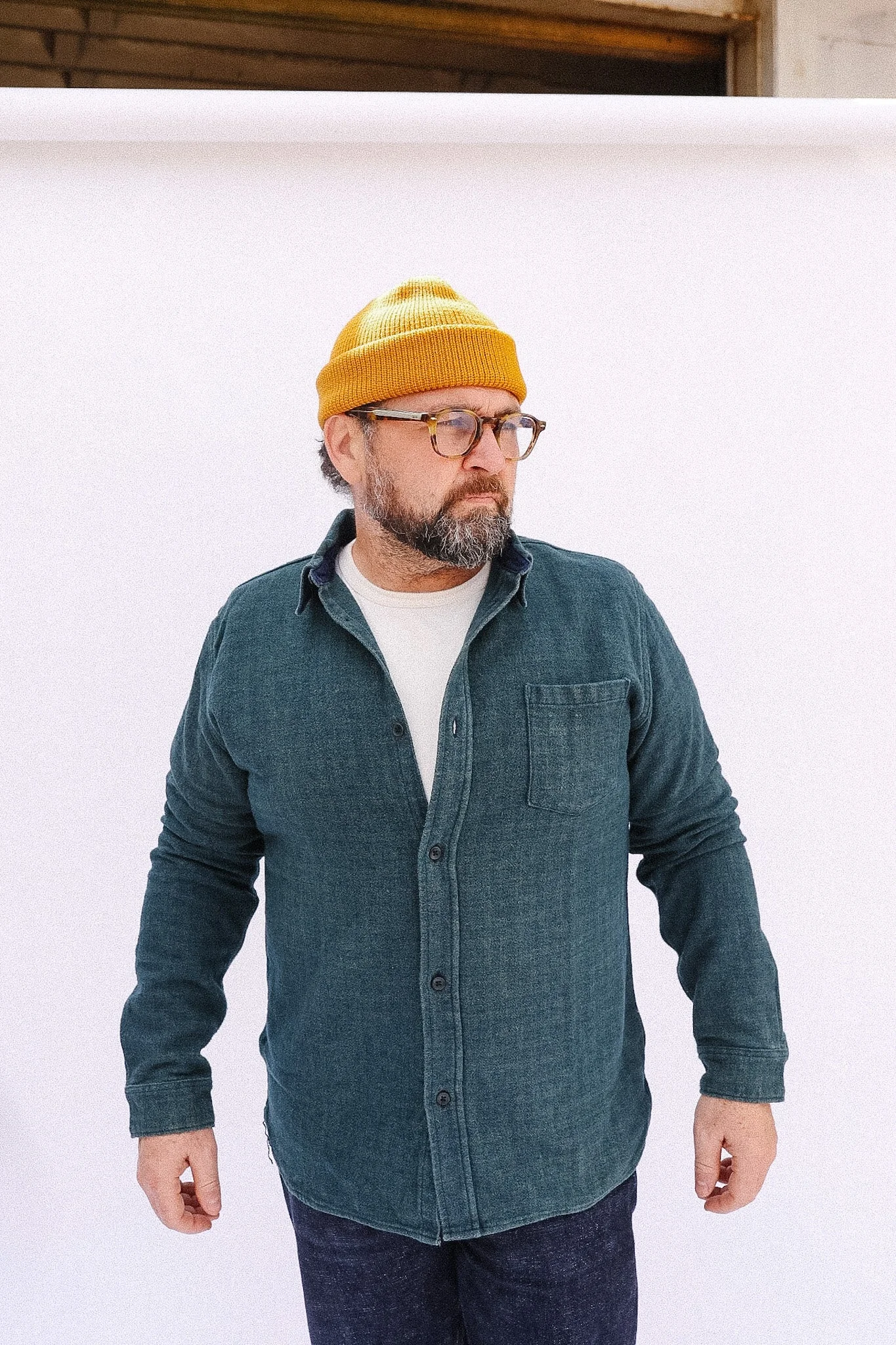 2235-GR PURE BLUE JAPAN INDIGO OVER-DYED COTTON TWEED CHECK SHIRT - GREEN - 1