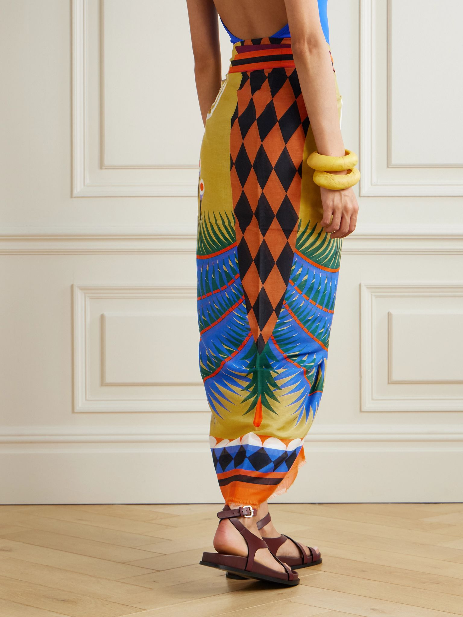 + Agostino Iacurci frayed printed cotton and silk-blend voile pareo Yellow - 3