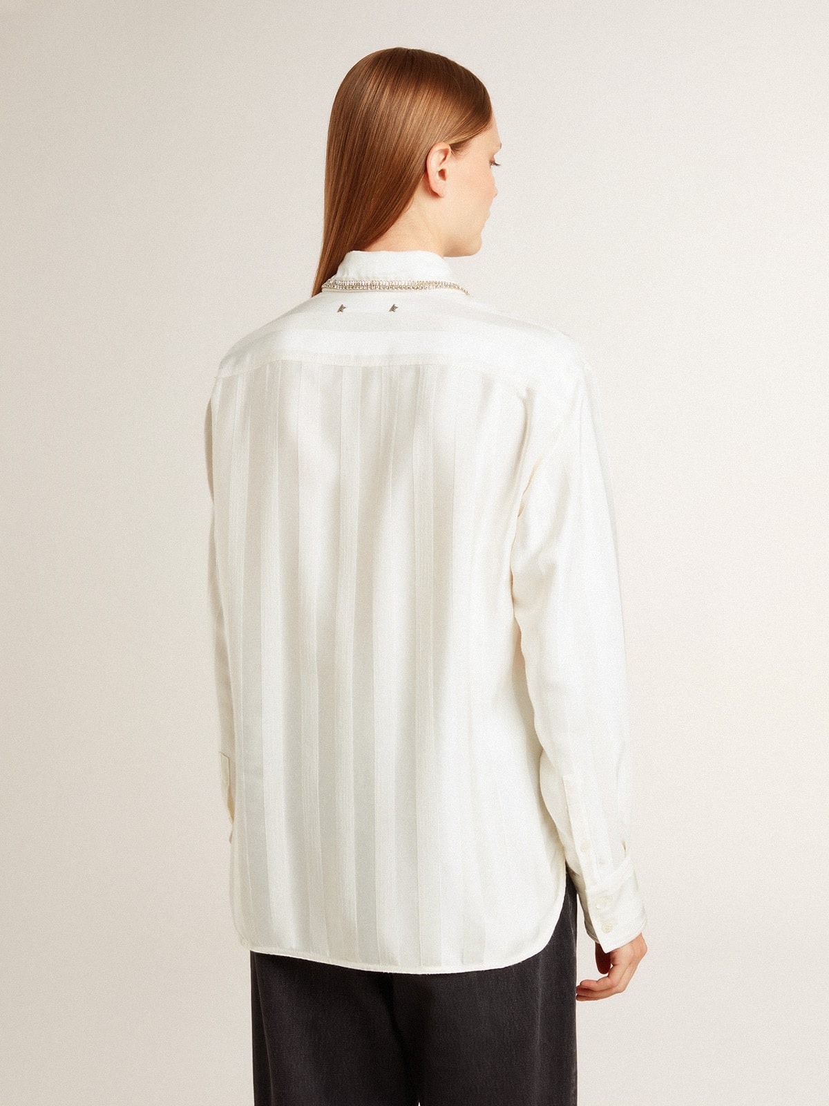 Women's shirt with a vertical striped pattern and crystal embroidery - 4